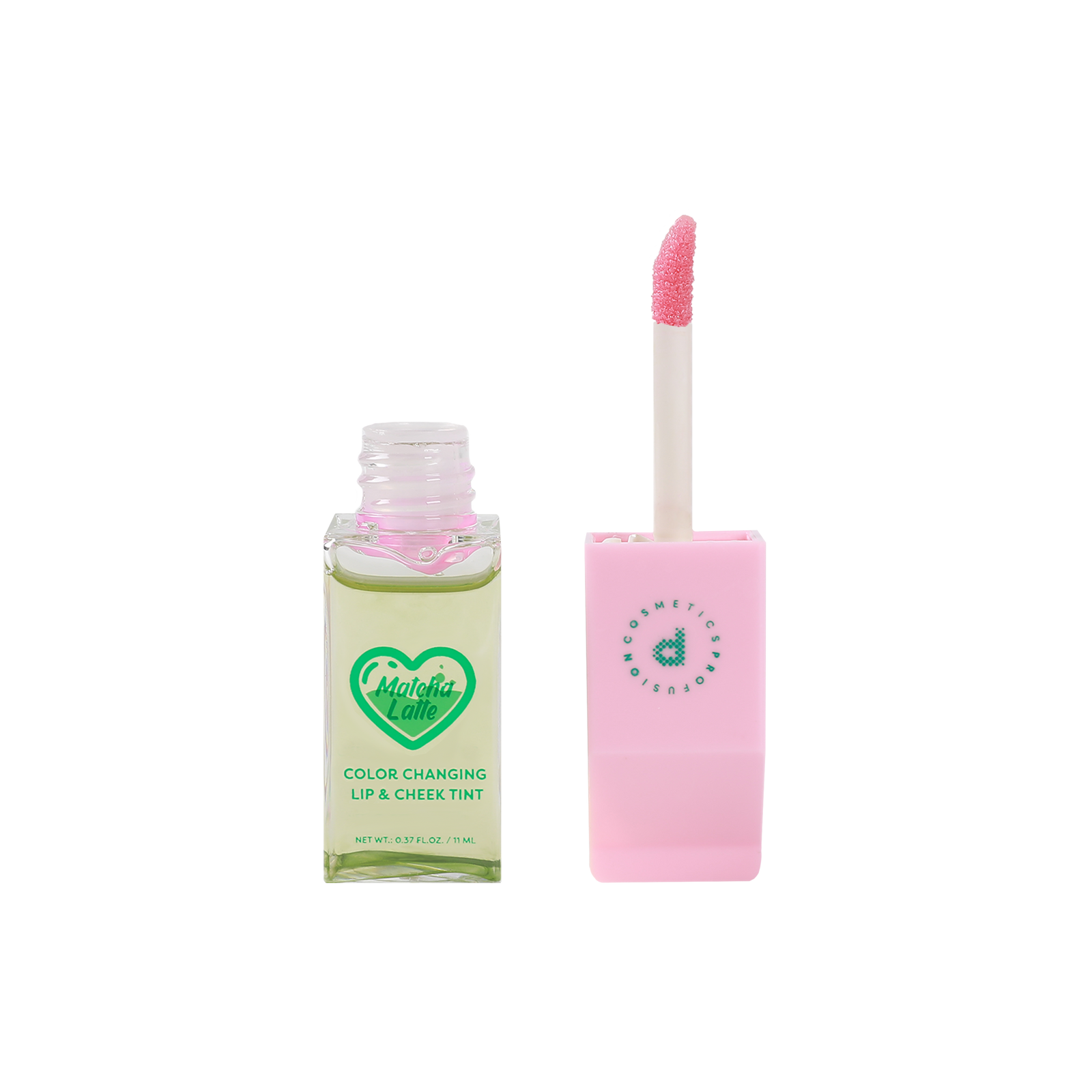 Profusion Cosmetics' "Matcha Latte" color-changing lip and cheek tint with the applicator placed upright next to it.