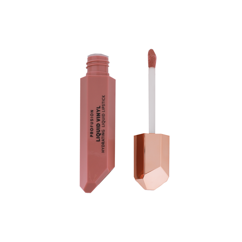 Profusion Cosmetics Liquid Vinyl Hydrating Liquid Lipstick in a warm nude shade with a sleek applicator.