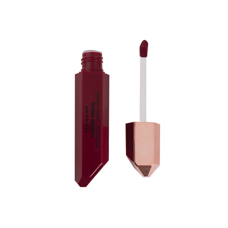 Liquid lipstick from Profusion Cosmetics' Liquid Vinyl collection in shade "Karma" with the applicator upright next to it.