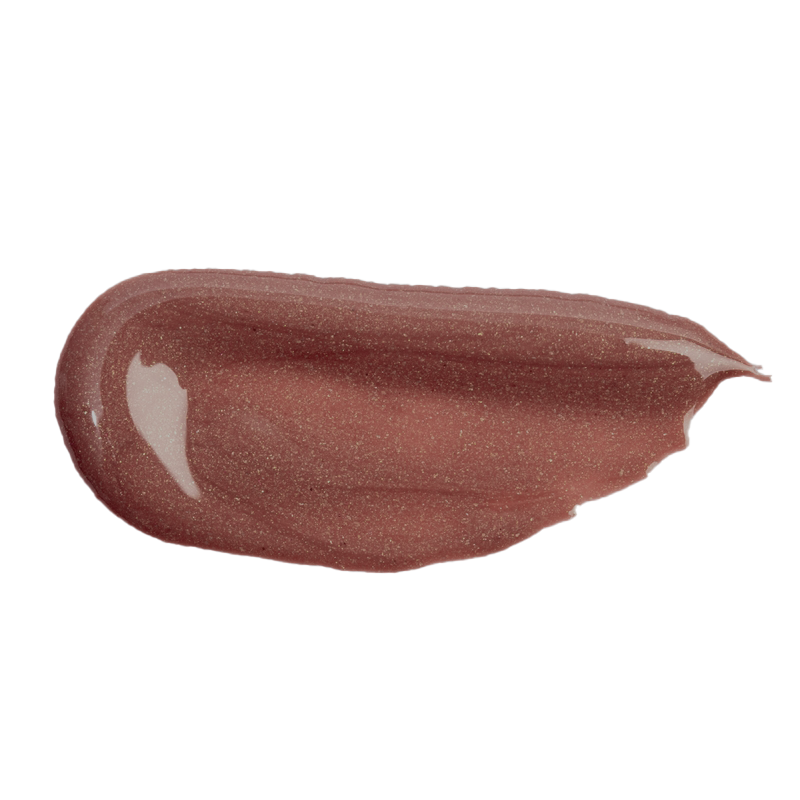 Swatch of Profusion Maple lip glaze in a shimmery brown shade on a light background.