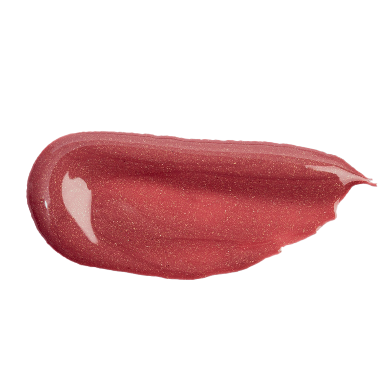 Swatch of Profusion Cherry lip glaze in a shimmery rosy-pink shade on a light background.