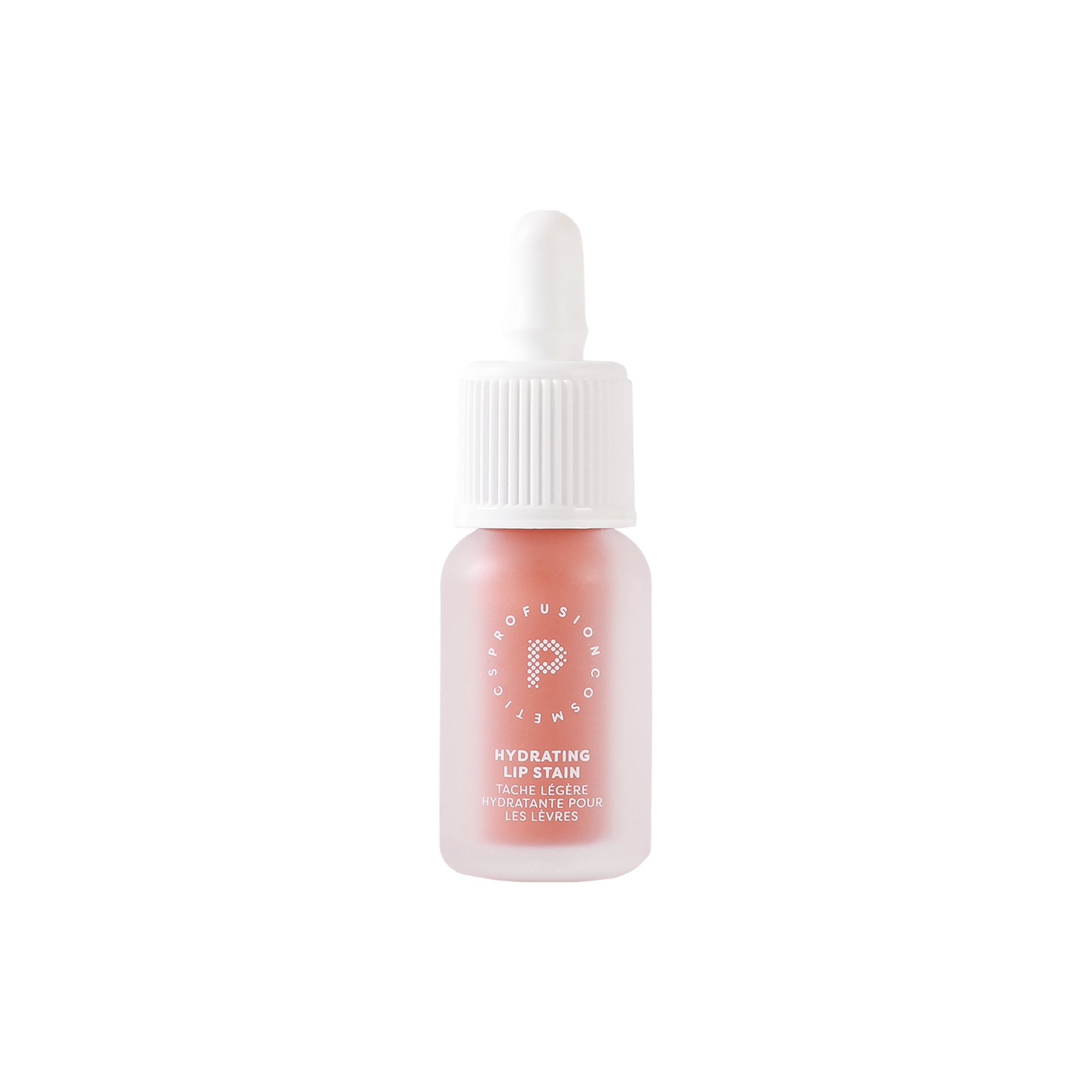 Profusion Peach Glaze hydrating lip stain in a frosted bottle with a white ribbed cap, shown against a light background.