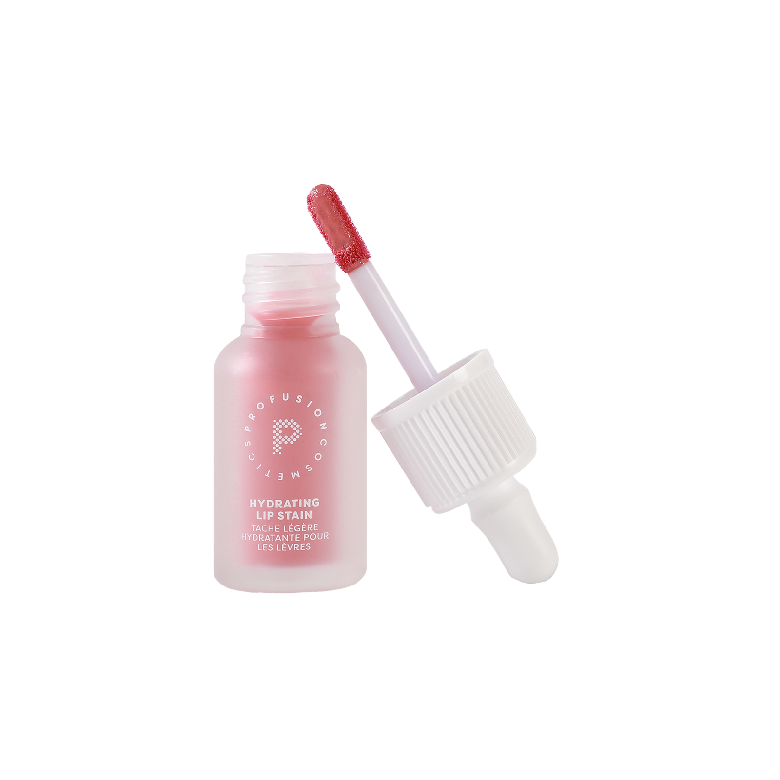 Profusion Lychee Glaze hydrating lip stain in an open frosted pink bottle with the applicator wand showing the soft rosy shade.