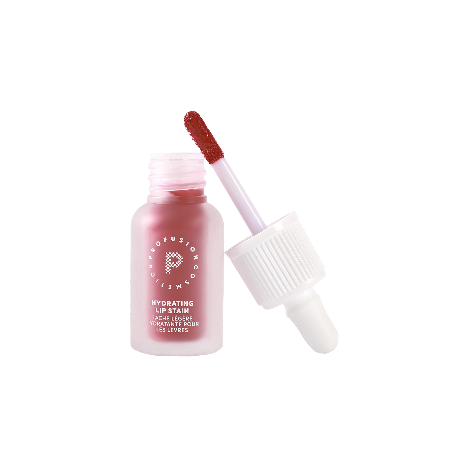 Profusion Raspberry Glaze hydrating lip stain in an open frosted pink bottle with the applicator wand showing the deep raspberry shade.