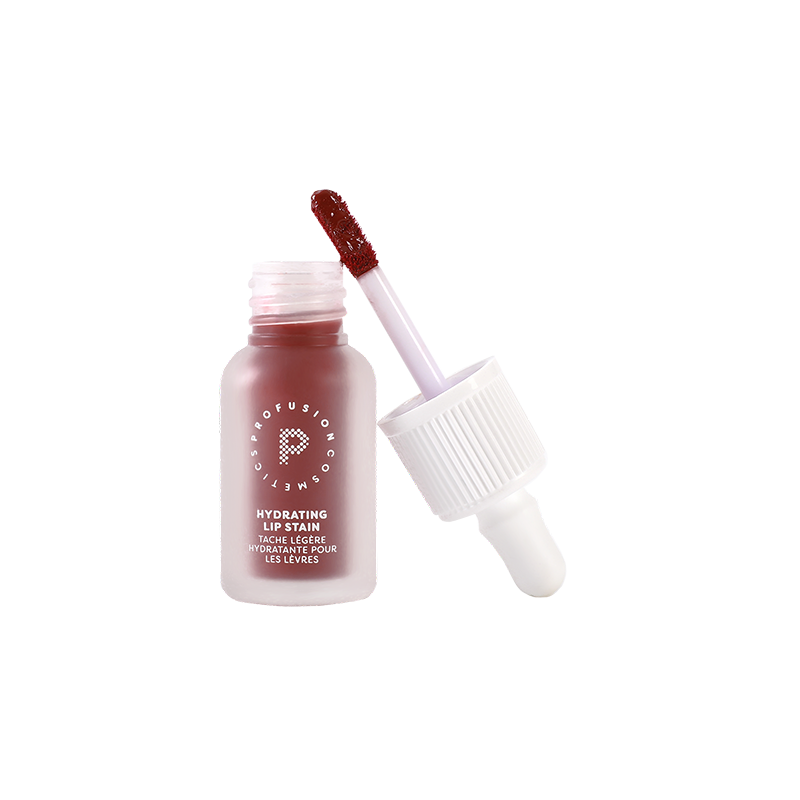 Profusion Blackberry Glaze hydrating lip stain in an open frosted bottle with the applicator wand showing the deep berry-brown shade.