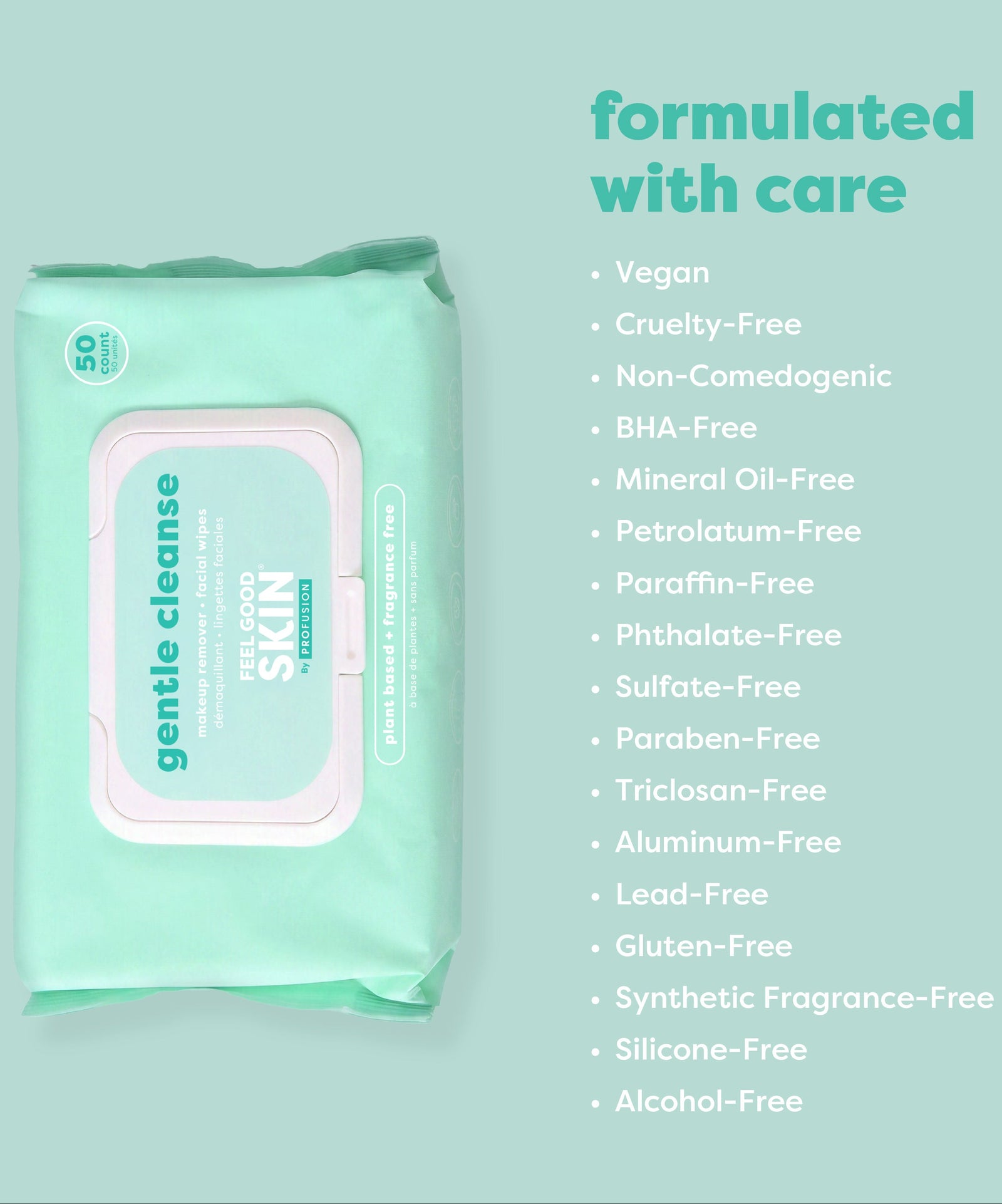 A package of gentle cleanse wipes in mint green is shown on the left, with a bulleted list of formulated-with-care benefits on the right against a matching mint green background.
