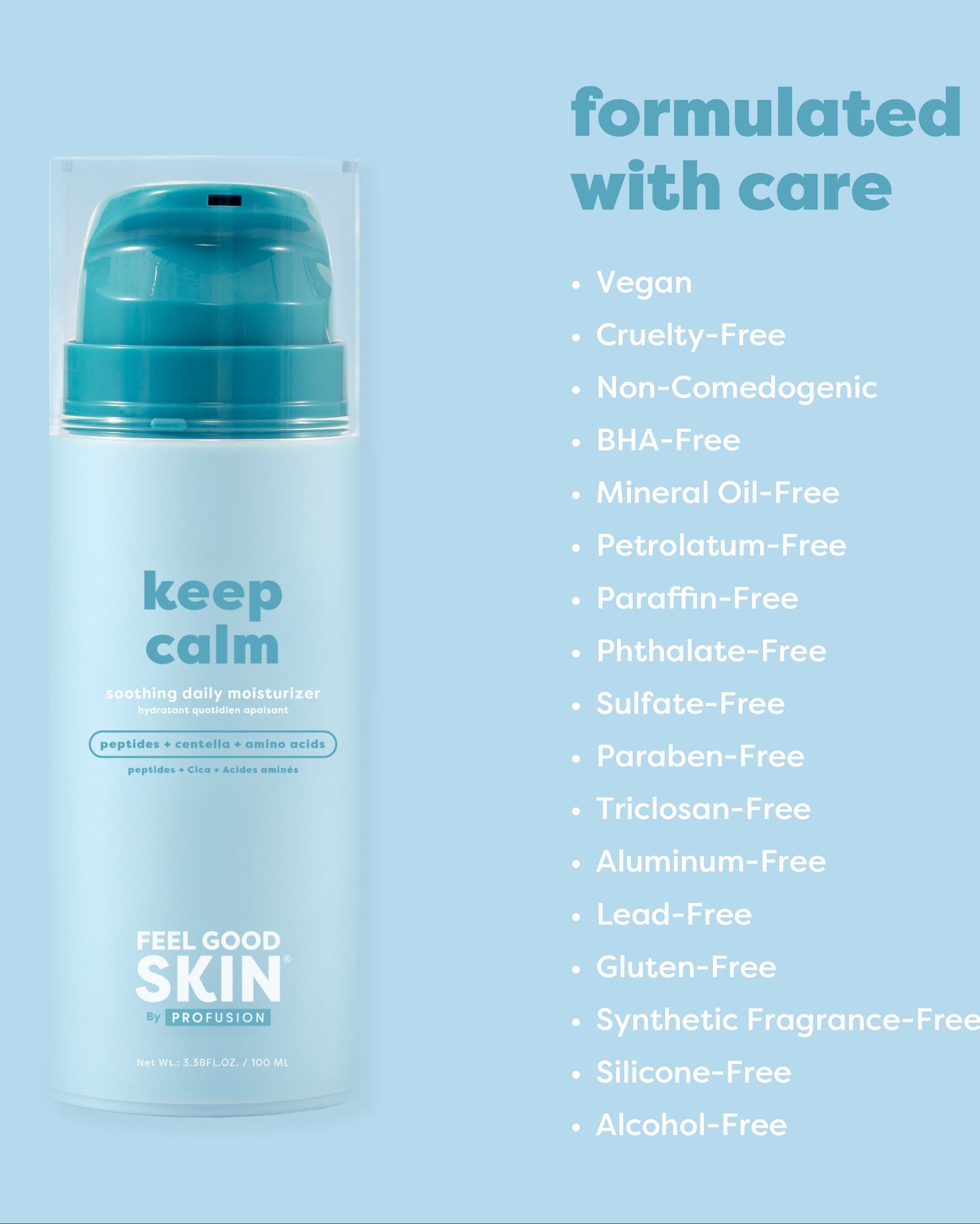 Keep Calm Soothing Daily Moisturizer by Feel Good Skin by Precision, shown in a light blue bottle with a teal pump on a light blue background, next to a list of formulated-with-care benefits.