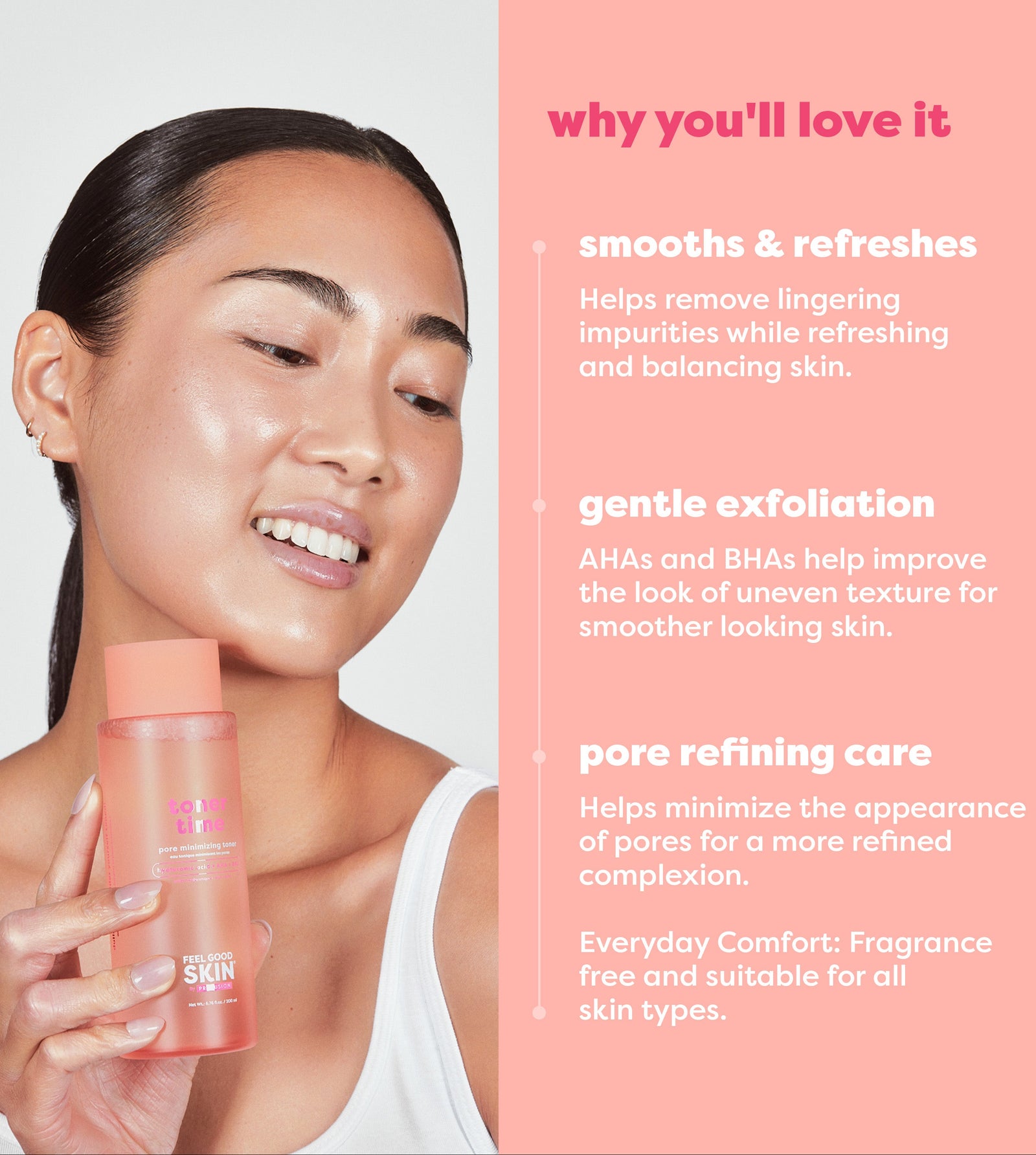 A woman holds a pink skincare bottle on the left against a light gray background, while the right side shows a pink text panel listing benefits such as smoothing, gentle exfoliation, and pore refining care.