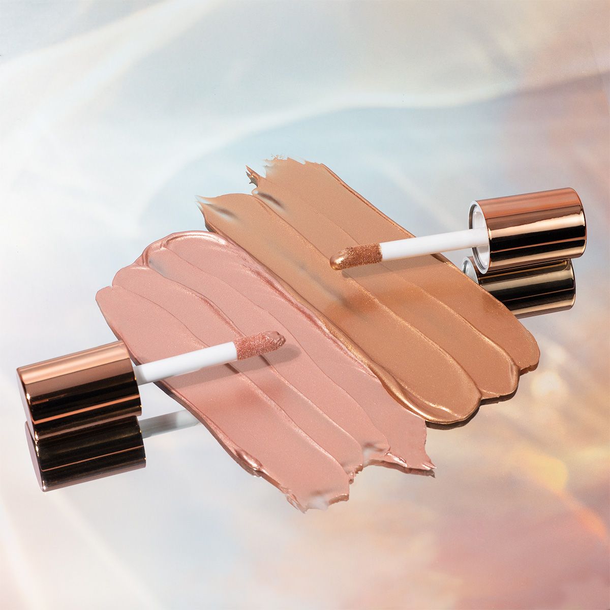 Radiant Glow Champagne and Rose Quartz topper with swatch lifestyle