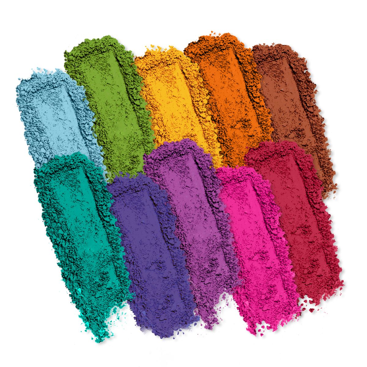 Colorful crushed eyeshadow powders in various shades, arranged in a grid.