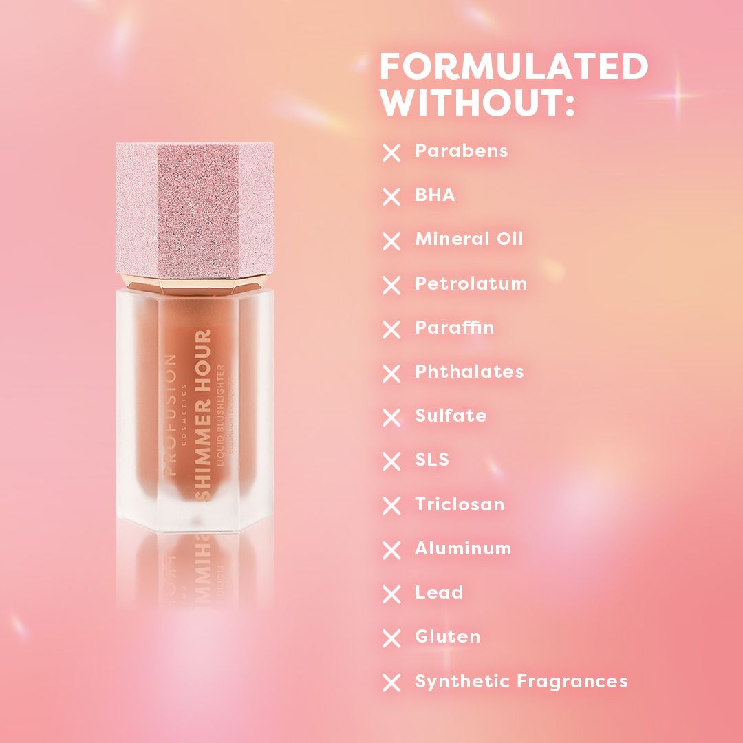 A bottle of Profusion Cosmetics Shimmer Hour with a pink cap. Text lists ingredients not included: parabens, BHA, mineral oil, petrolatum, paraffin, phthalates, sulfate, SLS, triclosan, aluminum, lead, gluten, synthetic fragrances. Pink background.