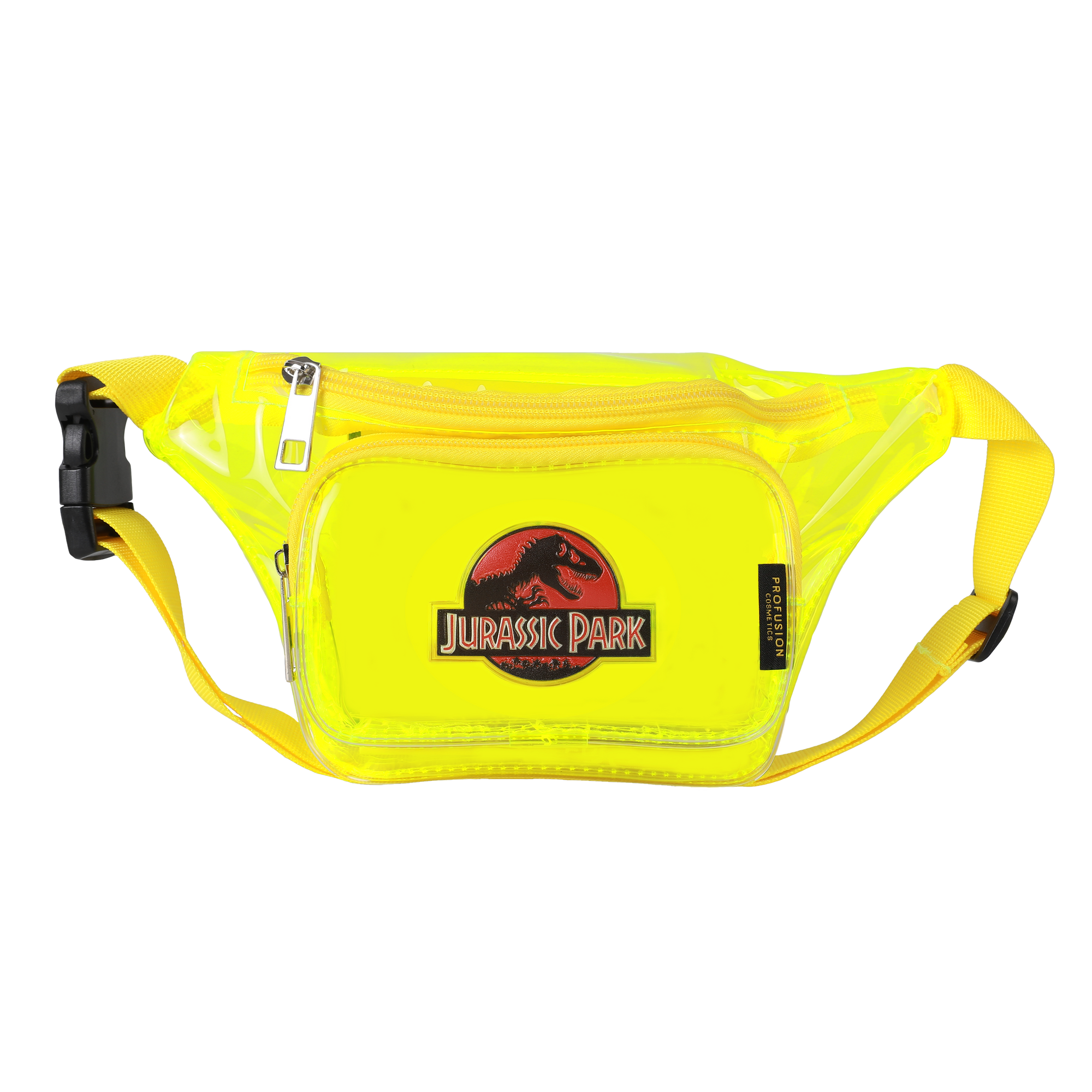 bright yellow fanny pack with jurassic logo in the middle