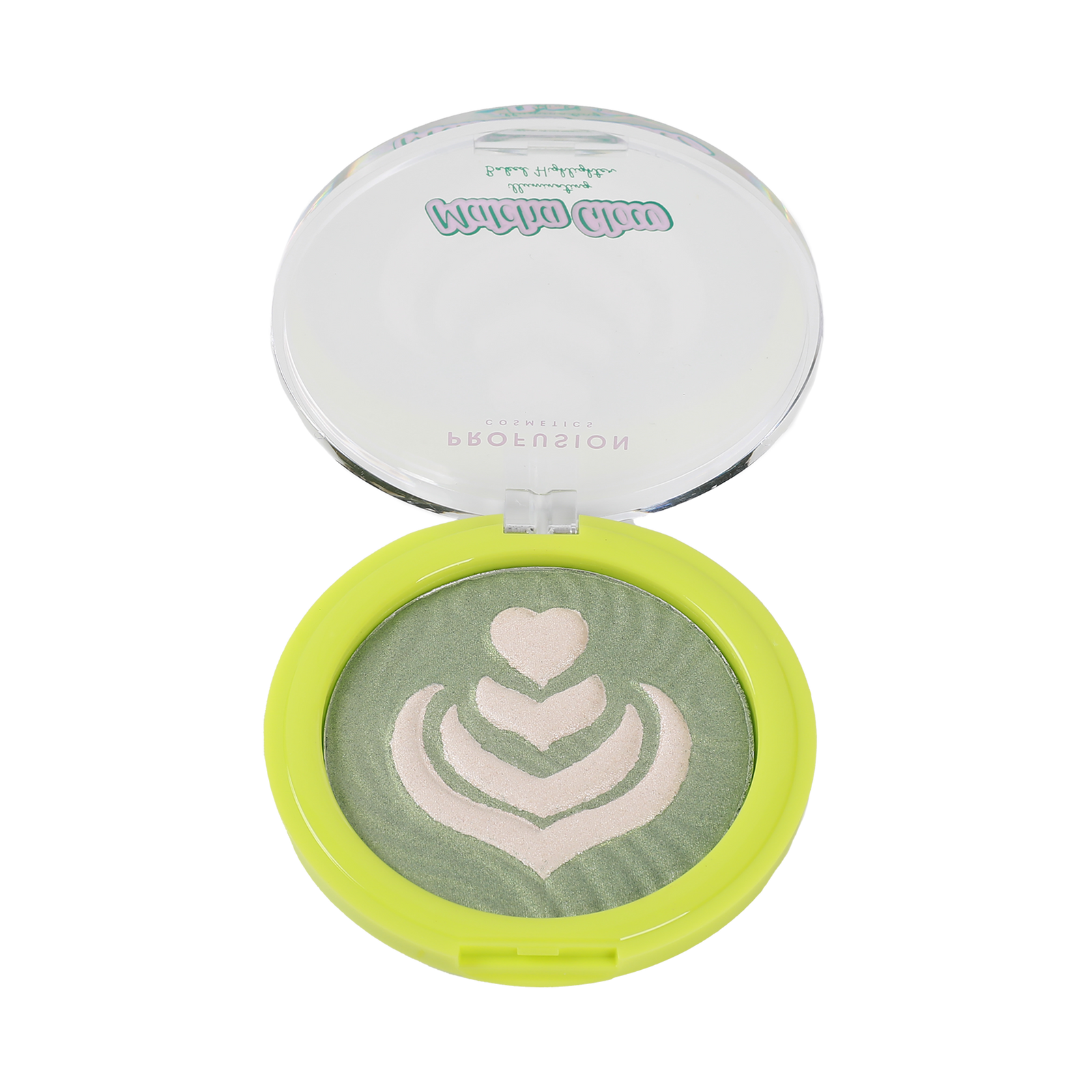 Green and white eyeshadow in a round, clear-lid compact from Profusion Cosmetics.