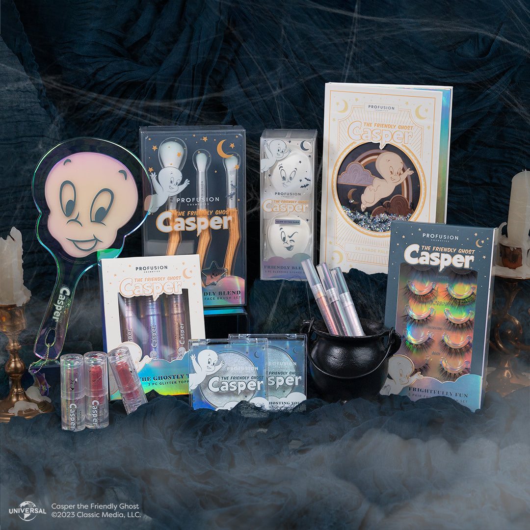 Profusion Cosmetics' Casper collection, featuring eyeshadow palettes, brushes, lip glosses, and false lashes in playful, ghost-themed packaging.