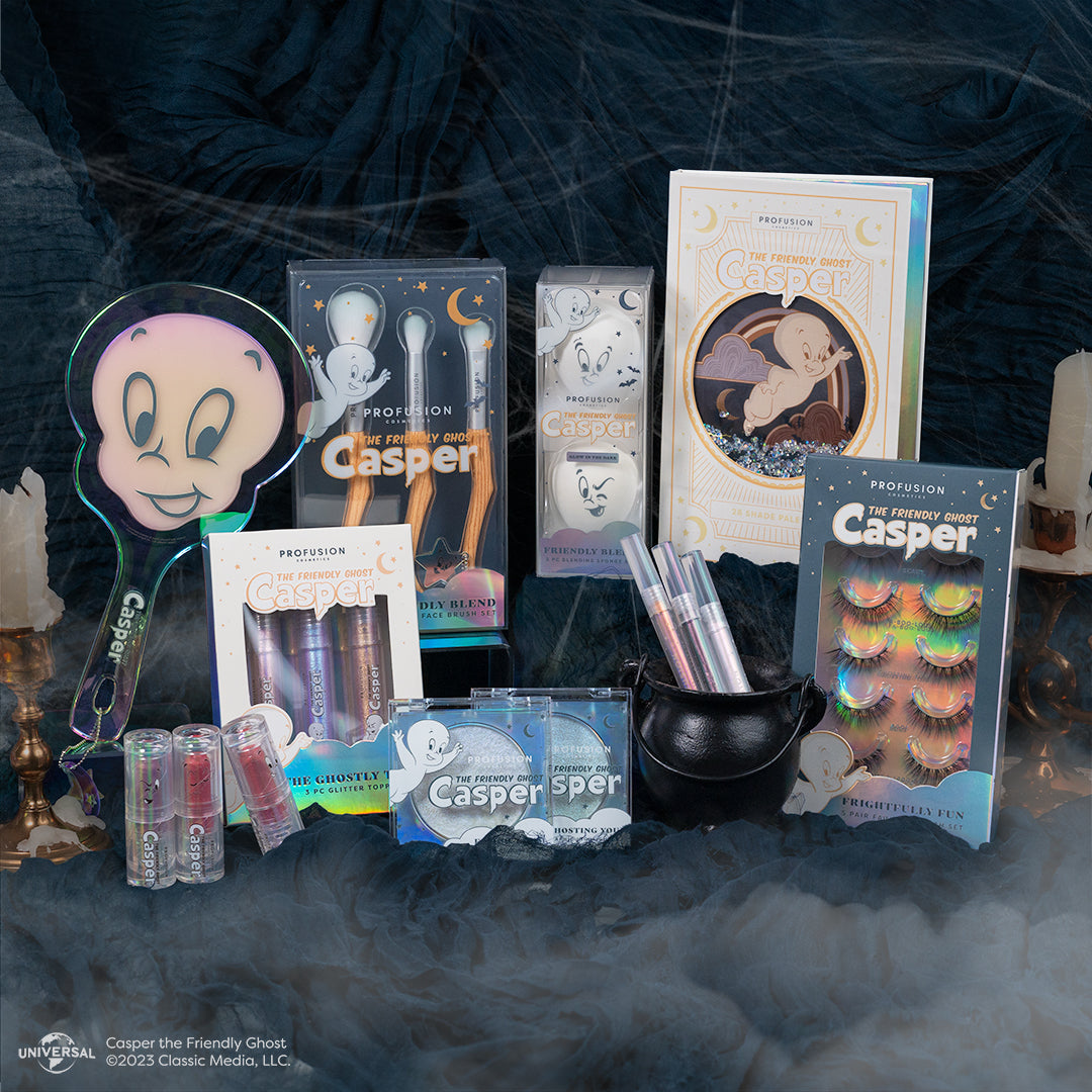 Full collection of casper makeup collection including faux eyelashes, eyeshadows, mirror, lip gloss, lipstick, lip balm, makeup brushes
