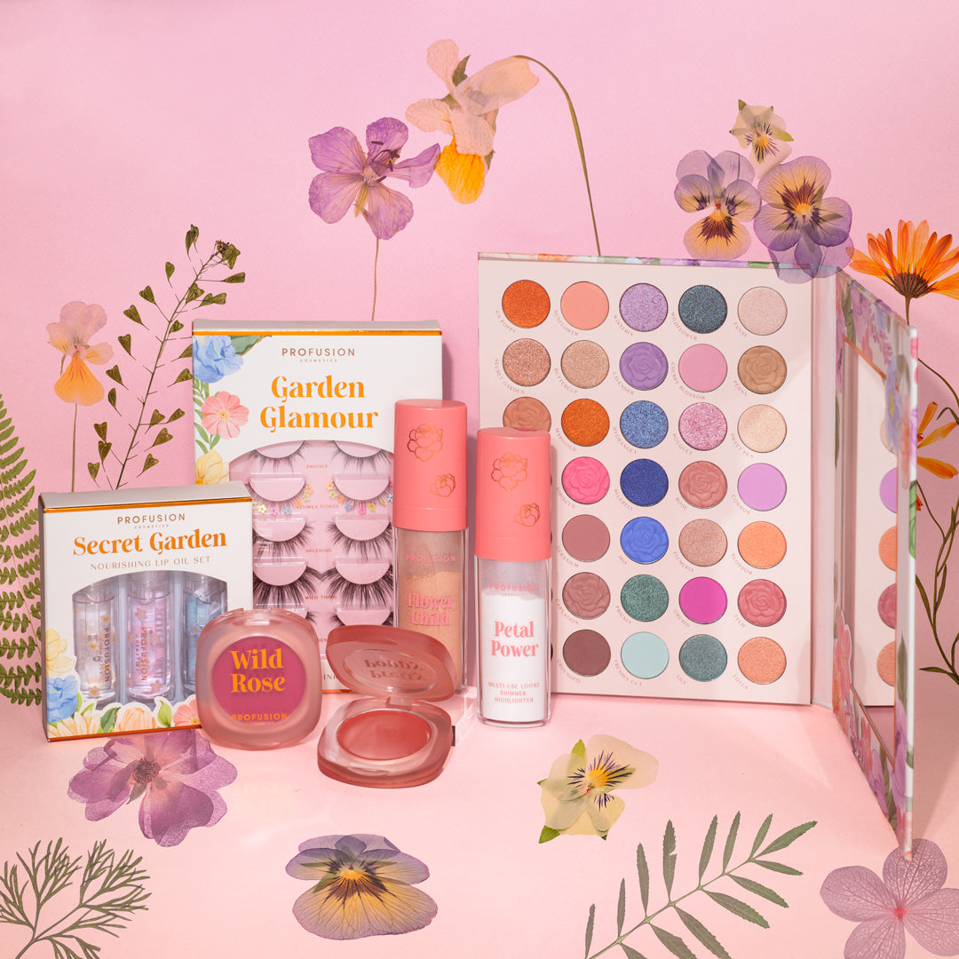 Petal Perfect Fake Eyelashes, lip oil, blush, makeup sponge, body shimmer and highlighter, makeup palette, eyeshadow palette
