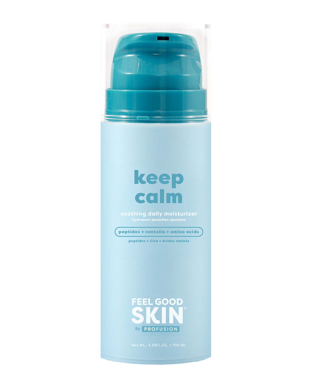 A light blue pump bottle of Keep Calm Soothing Daily Moisturizer by Feel Good Skin by Profusion, featuring a teal pump and clear cap on a white background.