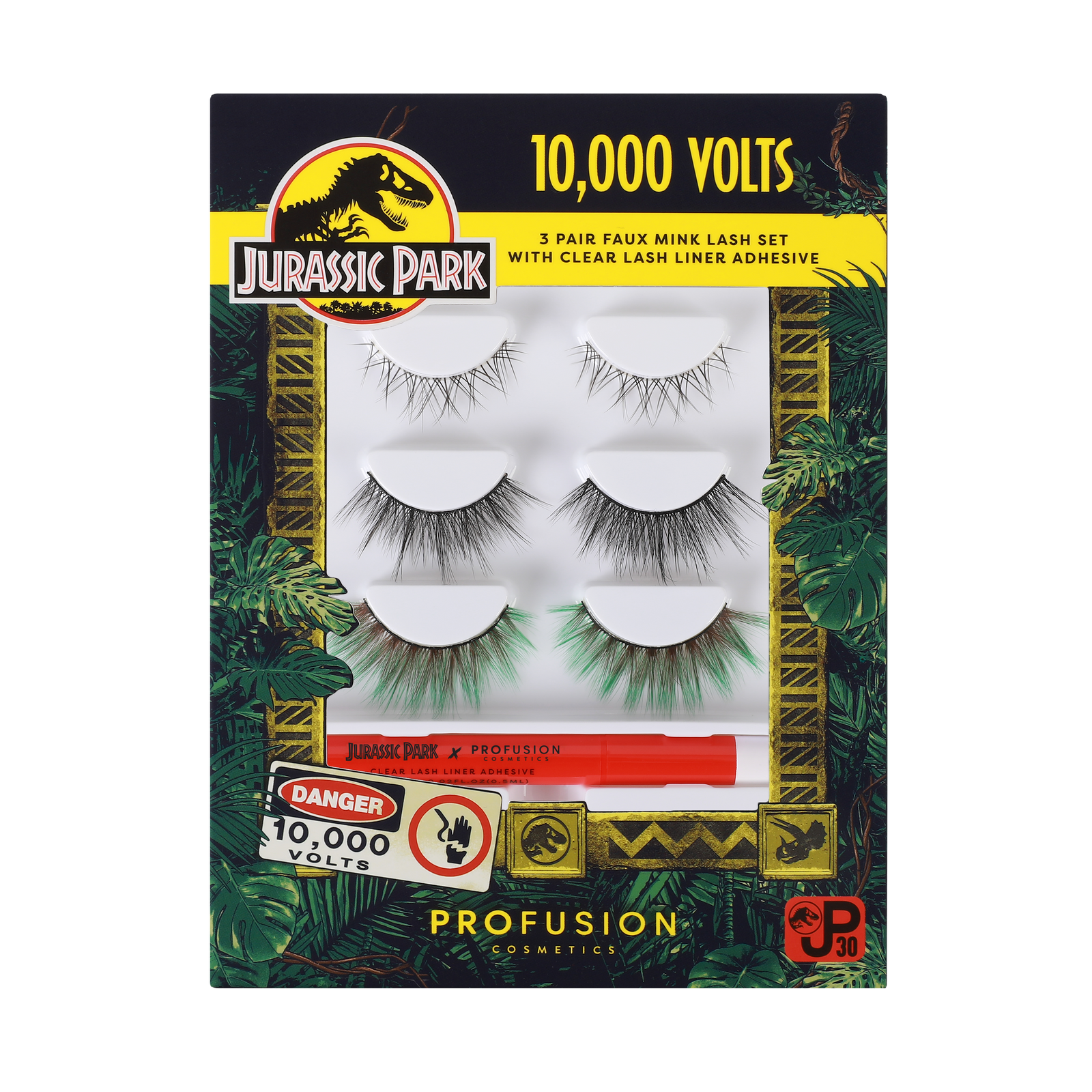 3 faux mink eye lashes with lash liner adhesive in jurassic park packaging.