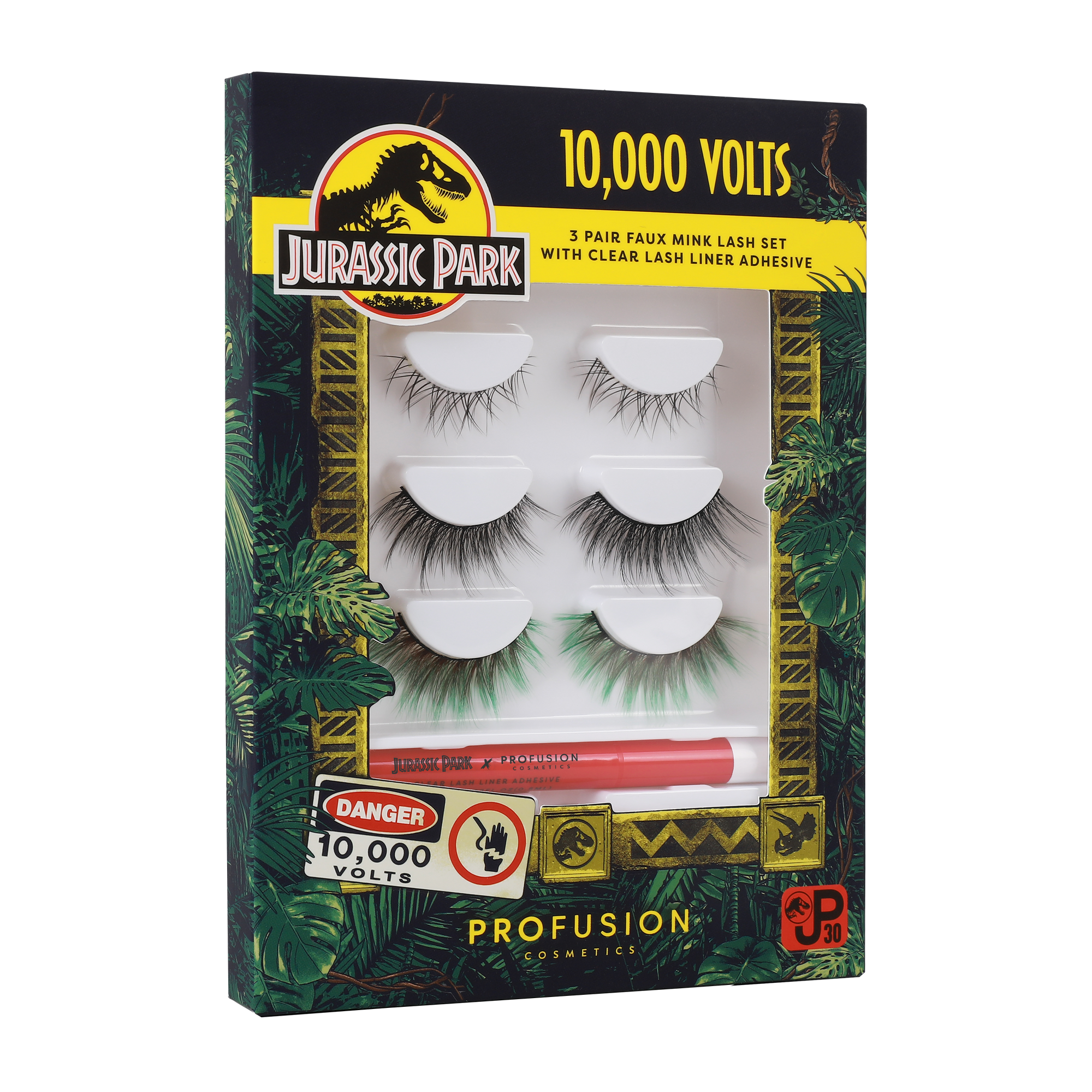 3 faux mink lashes with lash liner adhesive in jurassic park packaging. One lash with small lashes, second pair with medium full lashes, third pair full lashes with green and black lashes 