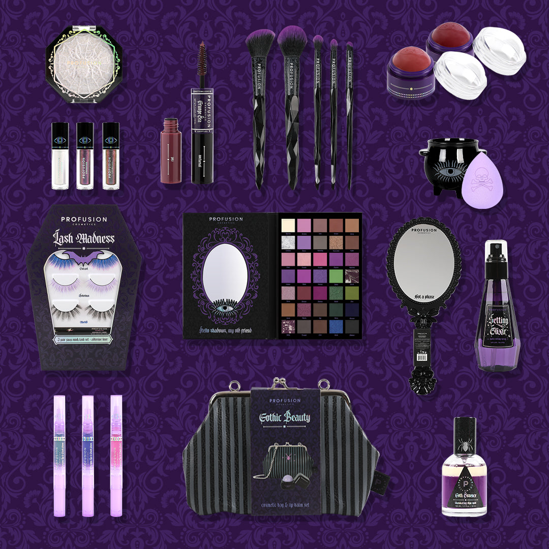 Gothic Makeup with makeup brush set, cream blush, eyeshadow palette, cosmetic bag, setting spray, mirror, face sponge, lip gloss, eye lashes, mascara, liquid eye shadow topper and skin mist