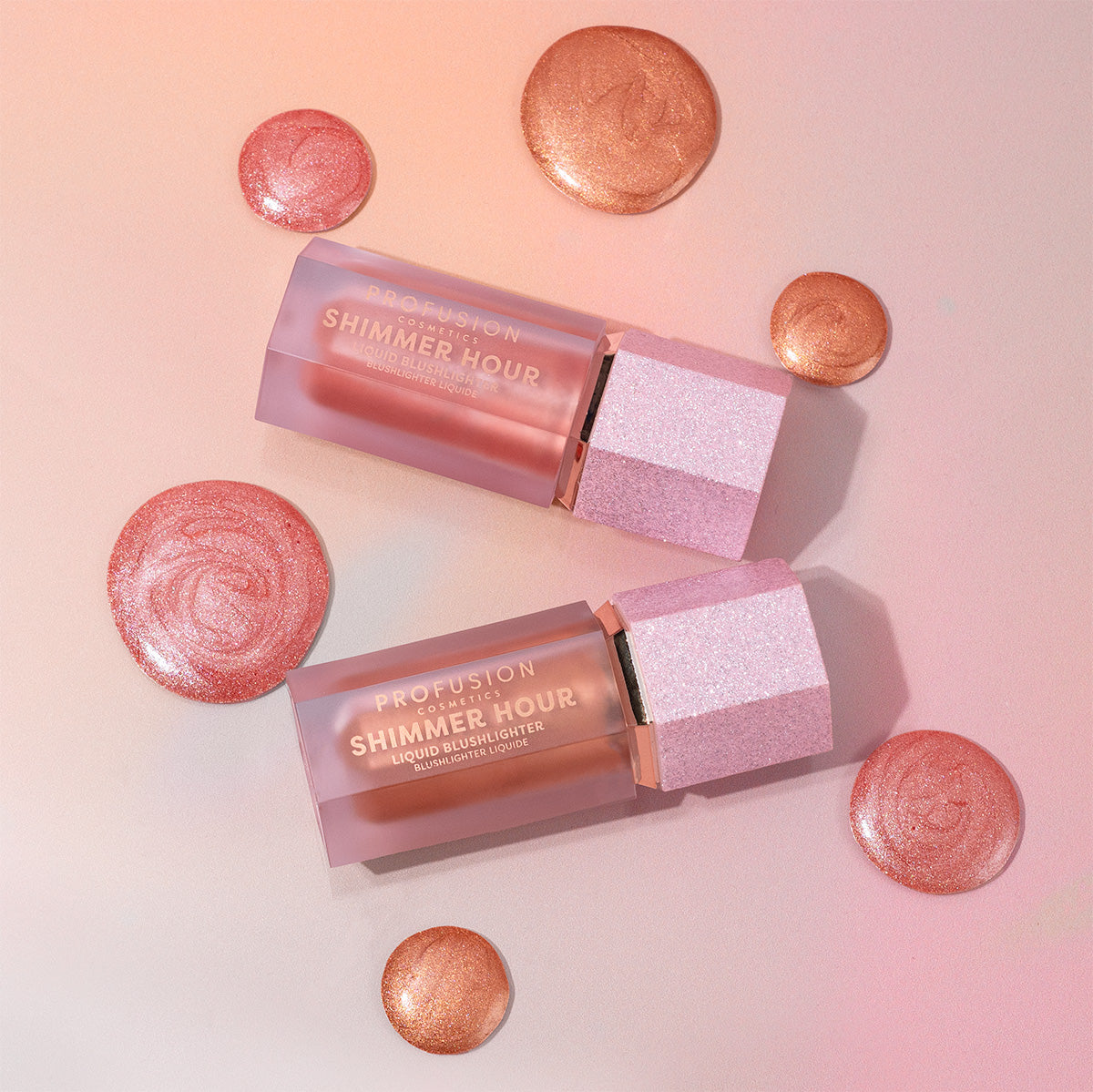Profusion Cosmetics' Shimmer Hour Liquid Highlighter in pink and rose gold hues, surrounded by matching shimmer swatches.