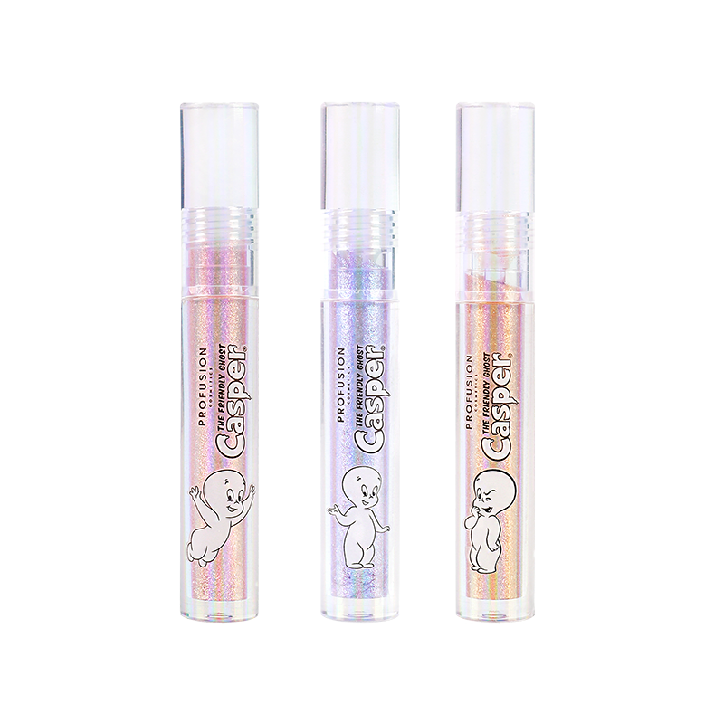 three lip toppers in pink iridescent, lilac iridescent, light copper iridescent