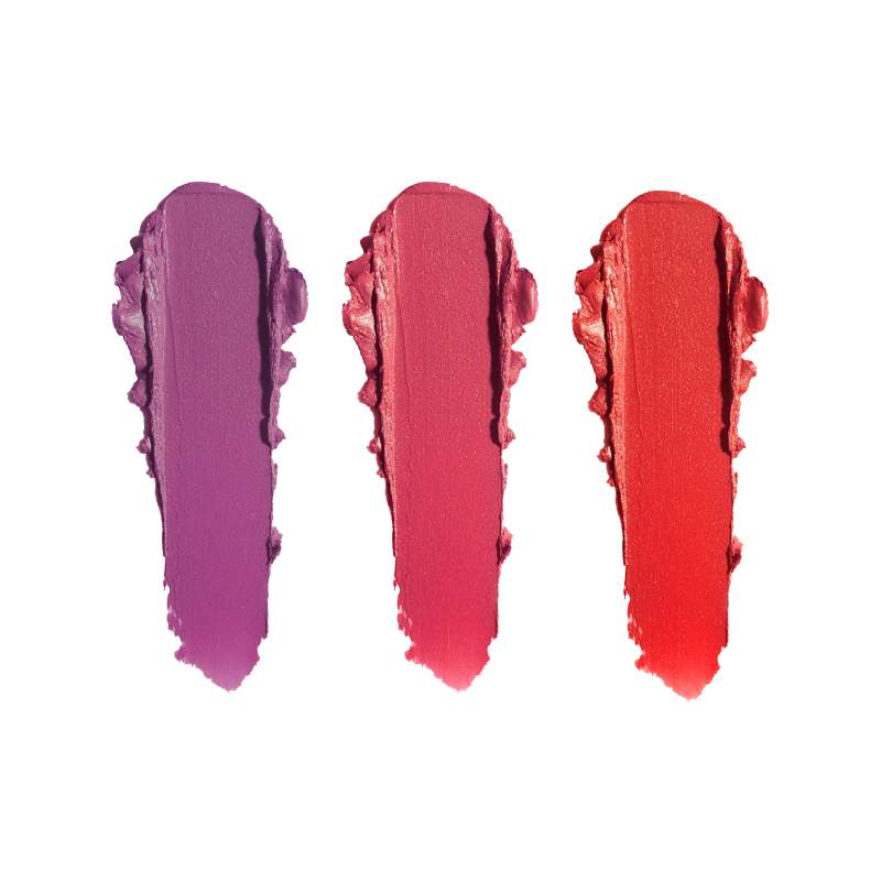 swatches of three different shades of red hue colors from the lip balm