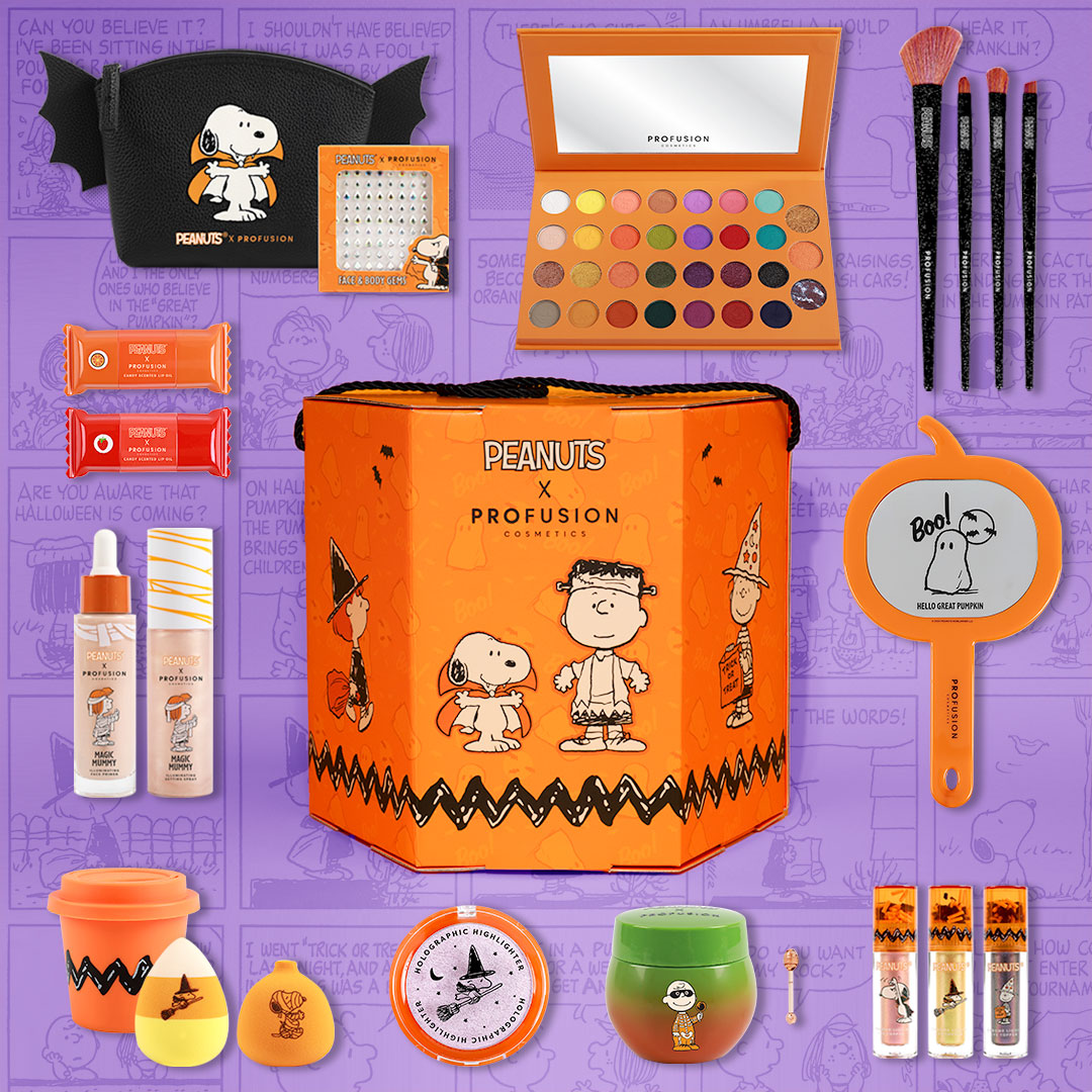 Peanuts Halloween makeup brushes set, face gems, eyeshadow palettes, mirror, lip oil and lip gloss, setting spray and face primer, eye topper and liquid eyeshadow, makeup sponge and face highlighter.