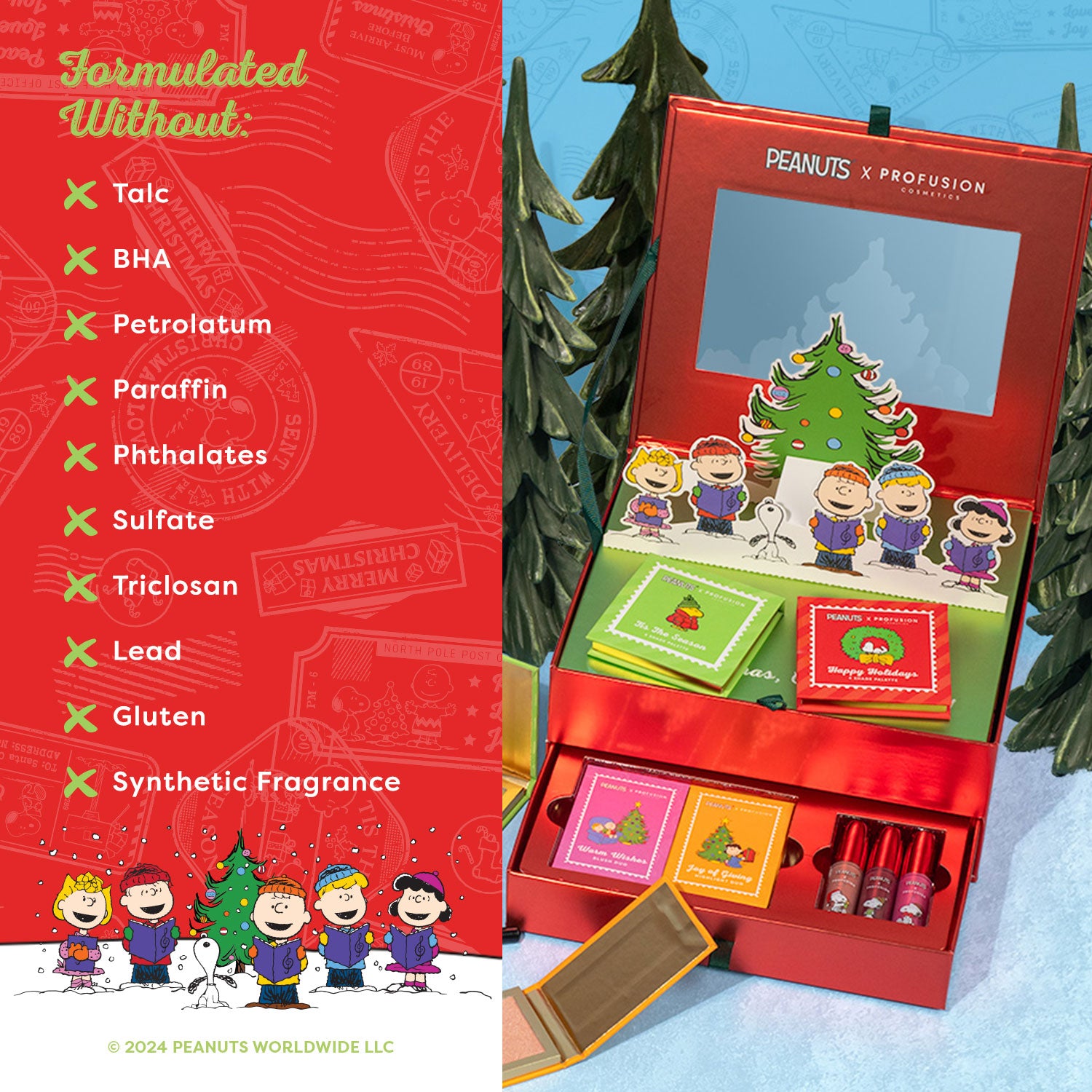 Vanity Box with Eyeshadow palettes, fake eyelashes, eyeliner, lip gloss.