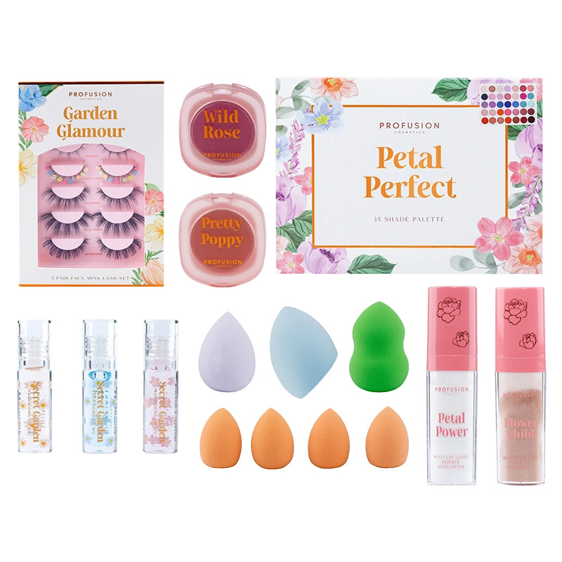 Petal Perfect Fake Eyelashes, lip oil, blush, makeup sponge, body shimmer and highlighter, makeup palette, eyeshadow palette