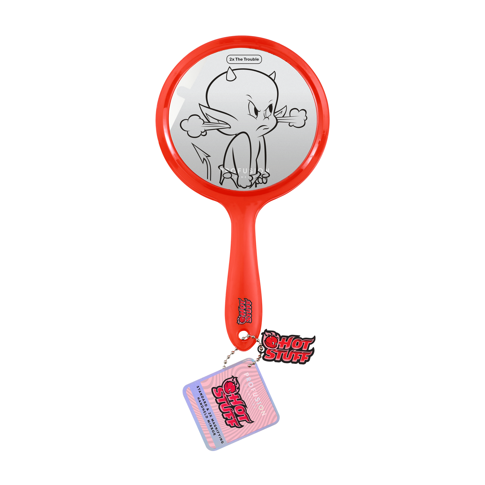 Red handheld mirror featuring a cartoon devil design from Profusion Cosmetics' "Hot Stuff" collection.