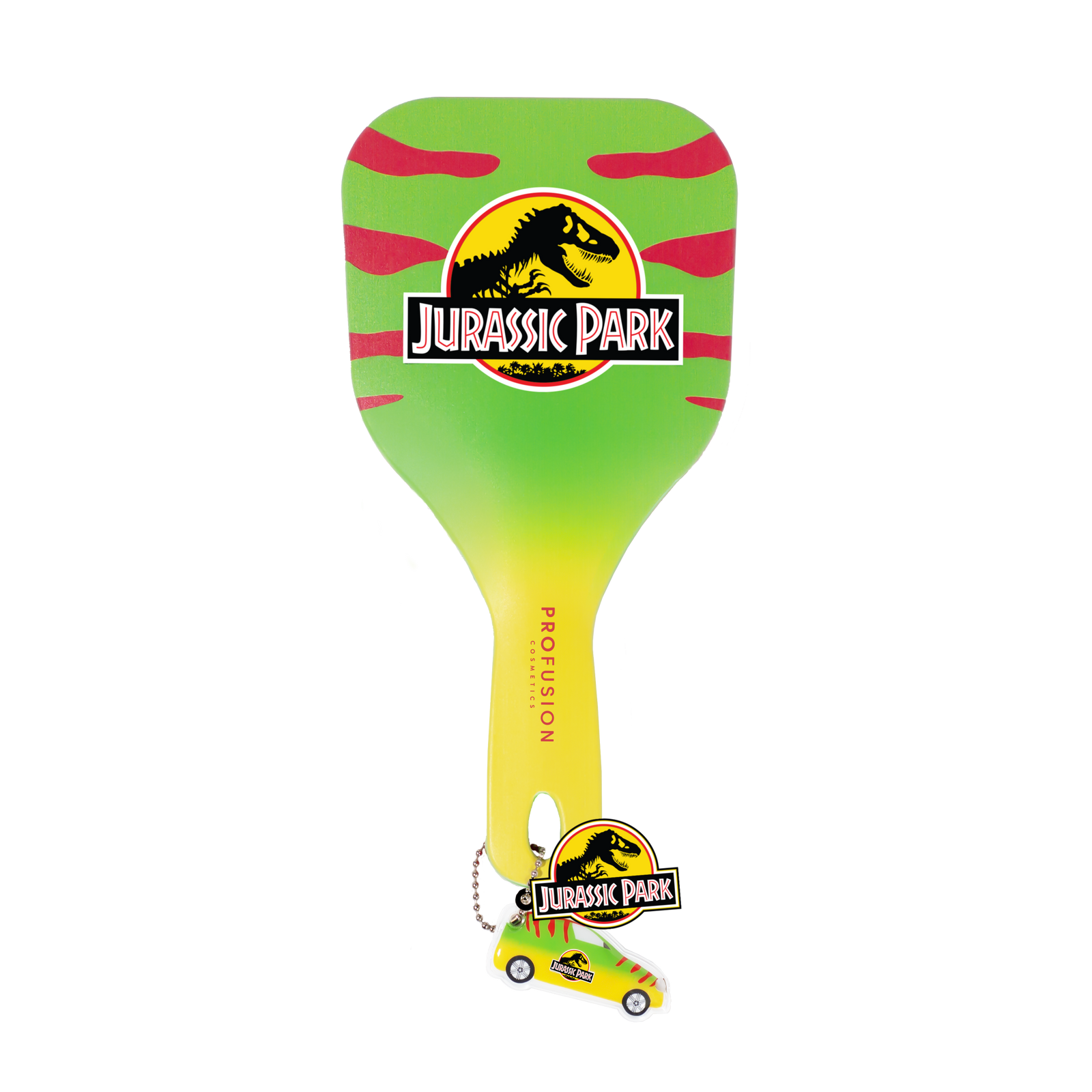 Green ombre with yellow, and jurassic logo on the back of the mirror with red stripes and two charms attacthed at the end of the mirror of a car and jurassic park logo