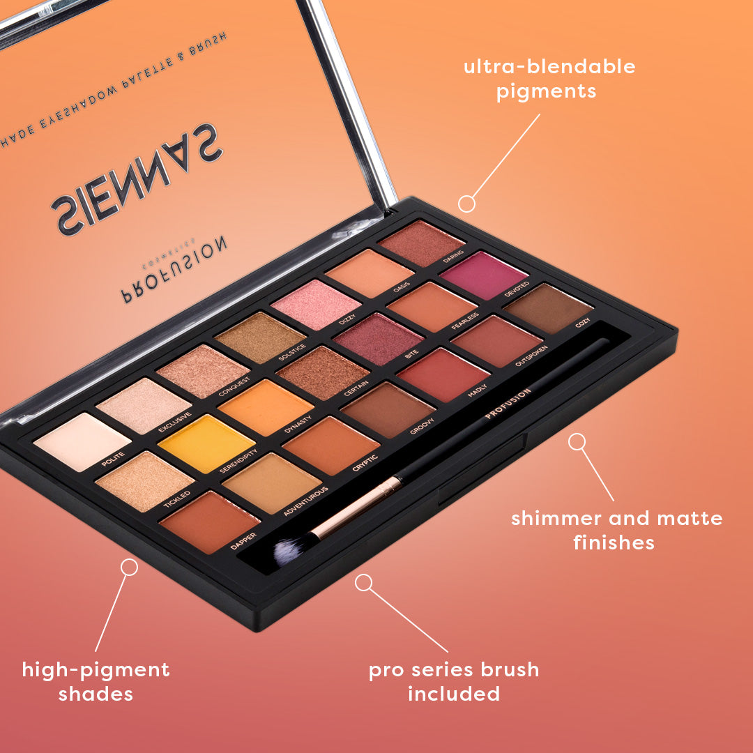 Profusion Cosmetics eyeshadow palette featuring ultra-blendable pigments in high-pigment shades with shimmer and matte finishes, includes a pro series brush.