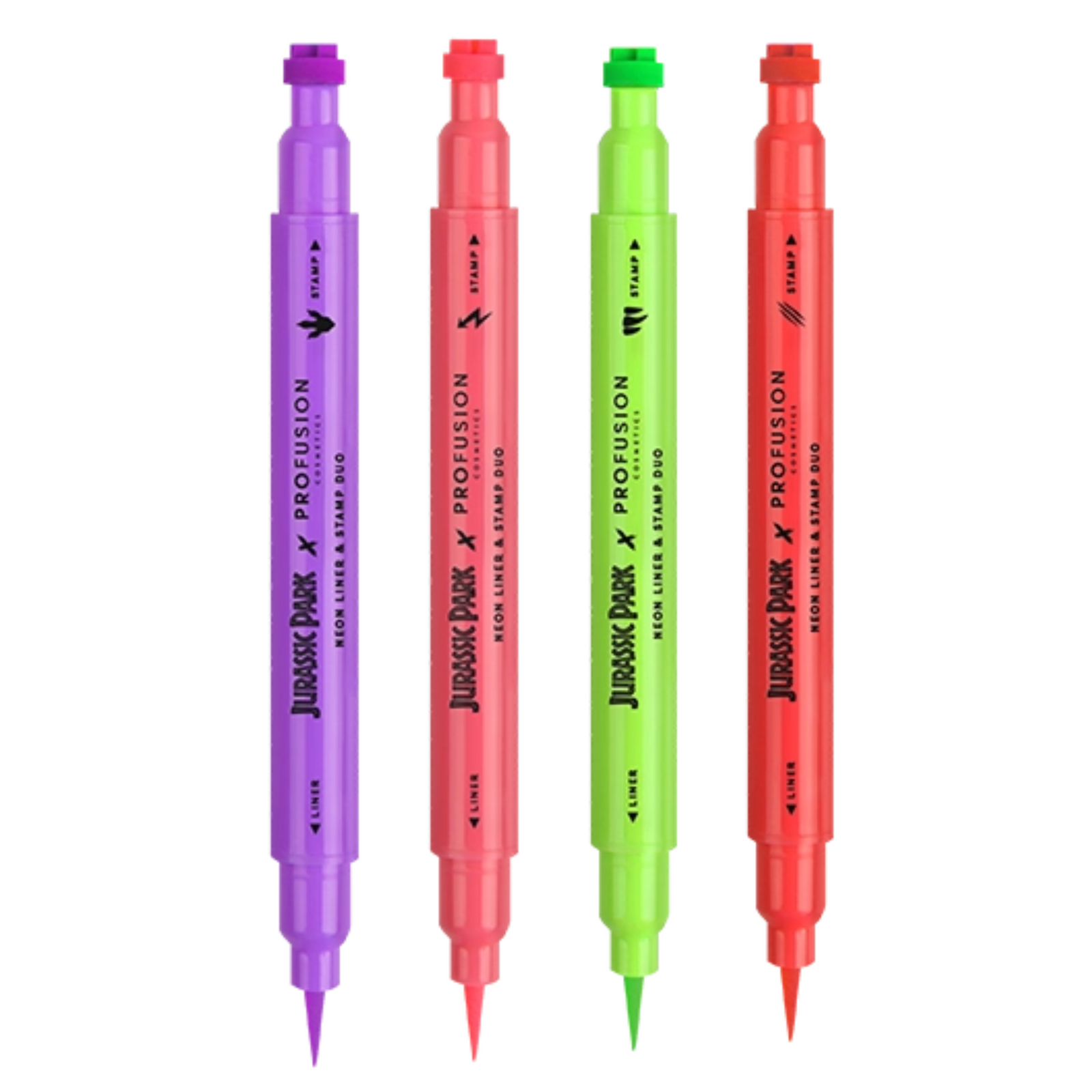 Four neon liners lined up and opened