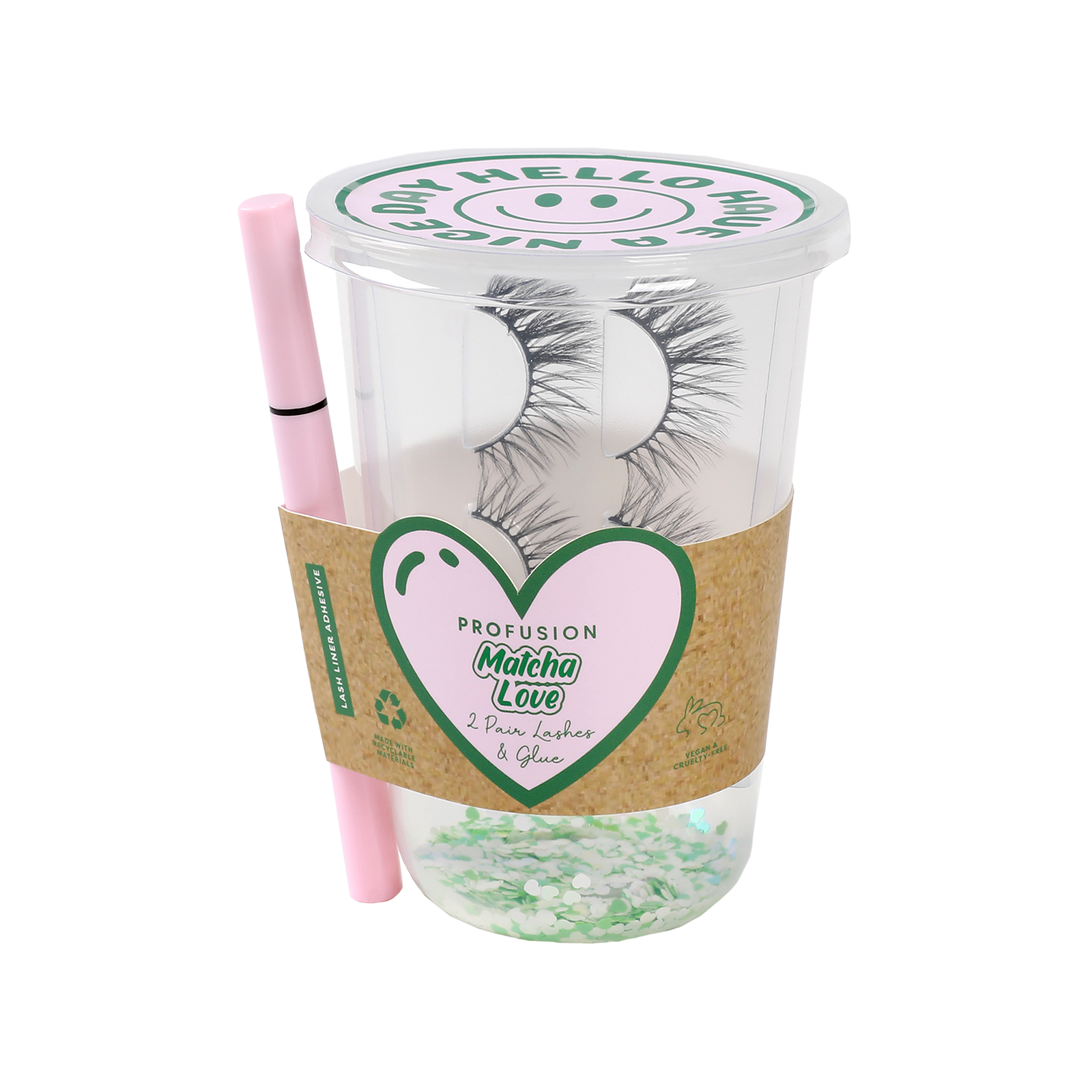 Profusion Cosmetics "Matcha Love" set featuring two pairs of false eyelashes and glue, packaged in a cup with green accents and a pink applicator.