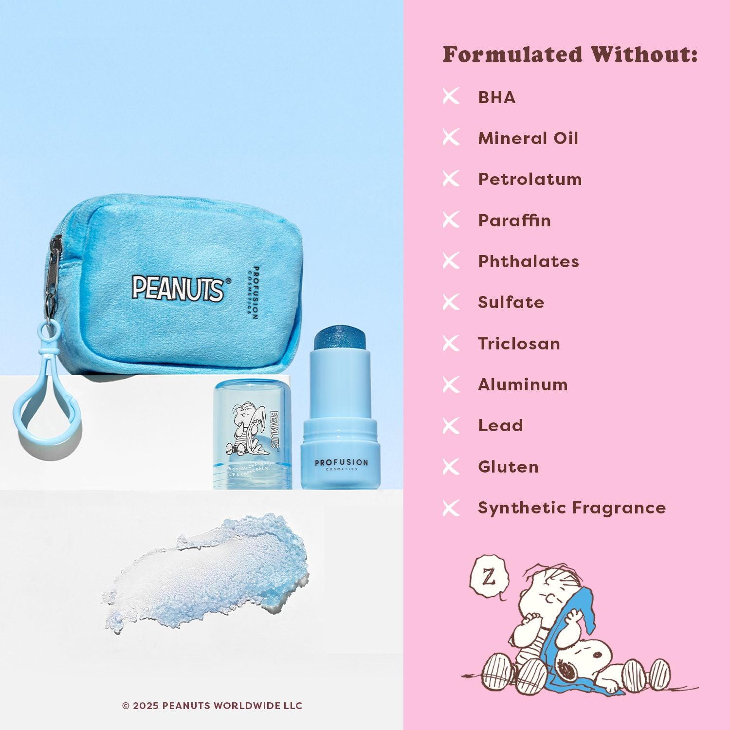 Peanuts 75th Linus’s Cozy Tint PH Color Changing Balm & Security Blanket Pouch Infographic