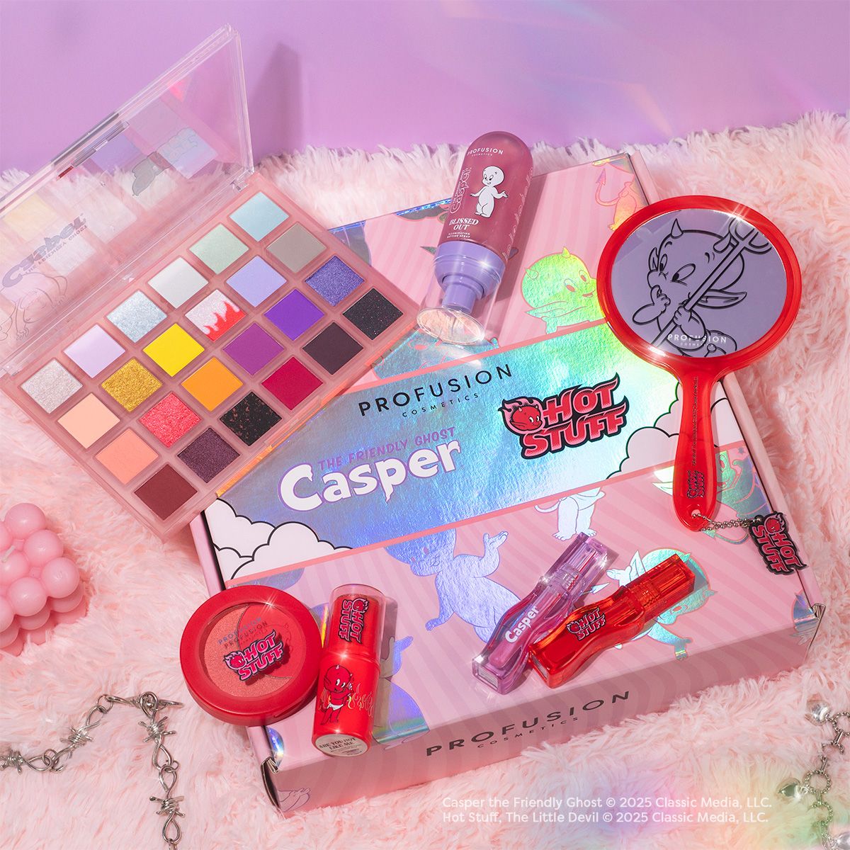 Profusion Cosmetics features a vibrant collection with a colorful eyeshadow palette, lip products, and a themed hand mirror, all inspired by "Casper" and "Hot Stuff" characters.