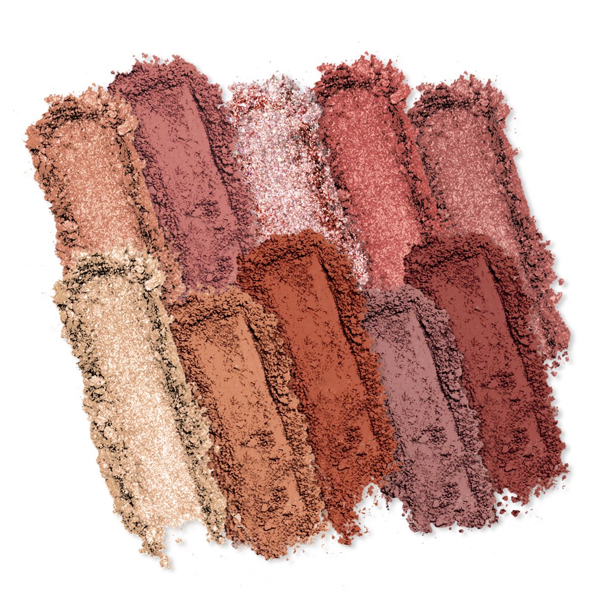 A collection of Profusion Cosmetics eyeshadows in warm, earthy tones including browns, pinks, and golds, showcasing a variety of matte and shimmer finishes.