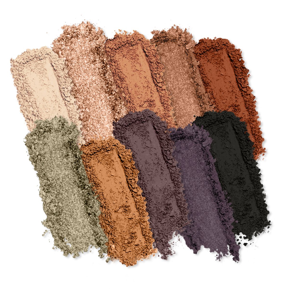 A palette of Profusion Cosmetics eyeshadows featuring a variety of matte and shimmer shades in neutral, earthy, and dark tones.