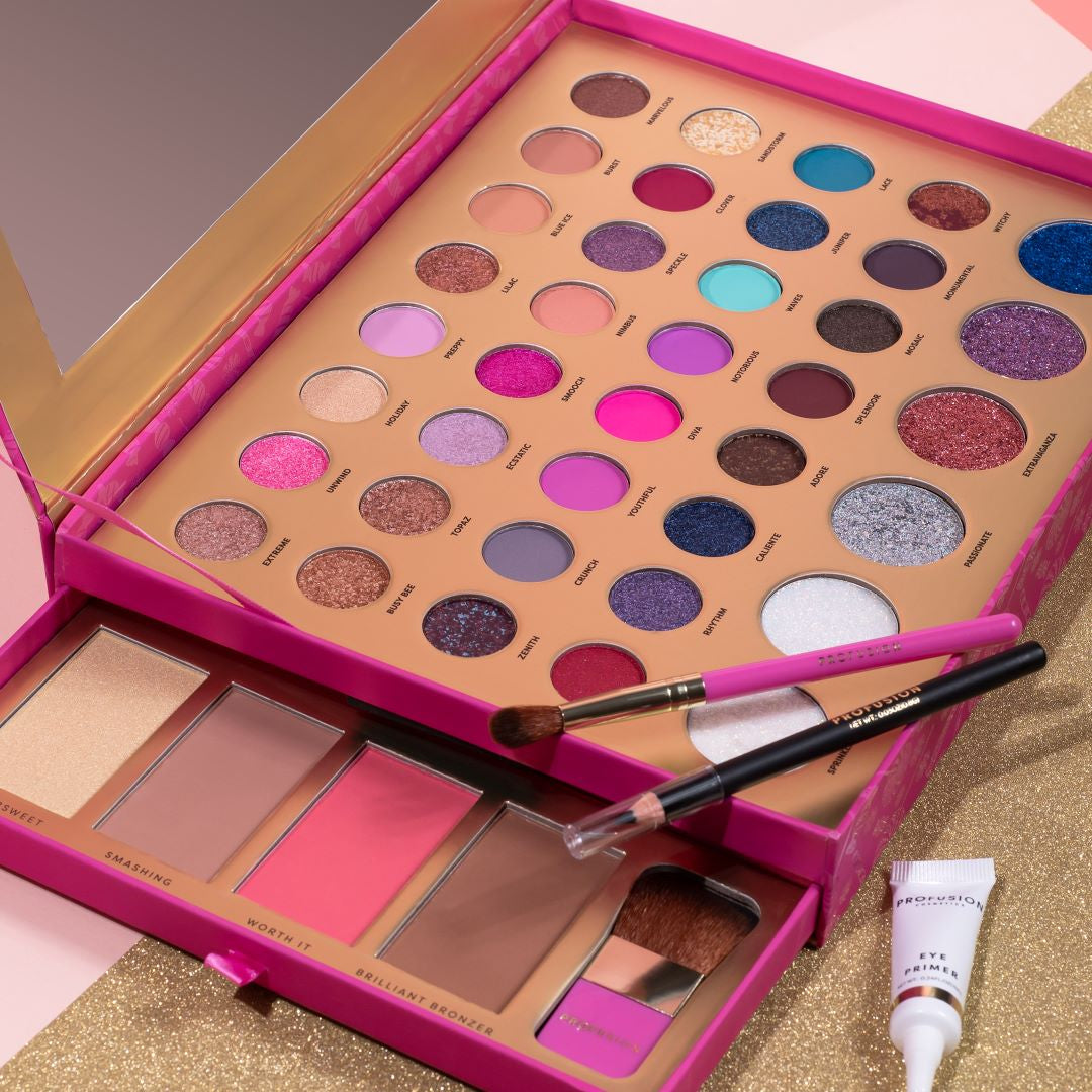 eyeshadow palette festive glam, eyeliner, eyeshadow primer, blush, makeup brushes set, highlighter