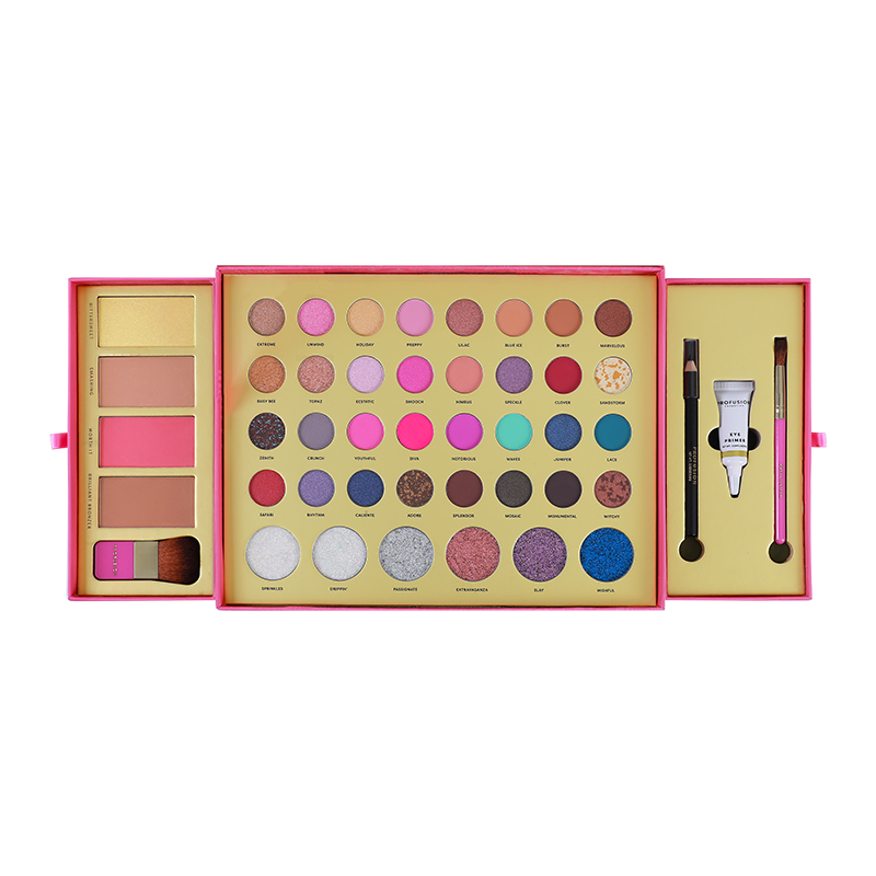 eyeshadow palette festive glam, eyeliner, eyeshadow primer, blush, makeup brushes set, highlighter