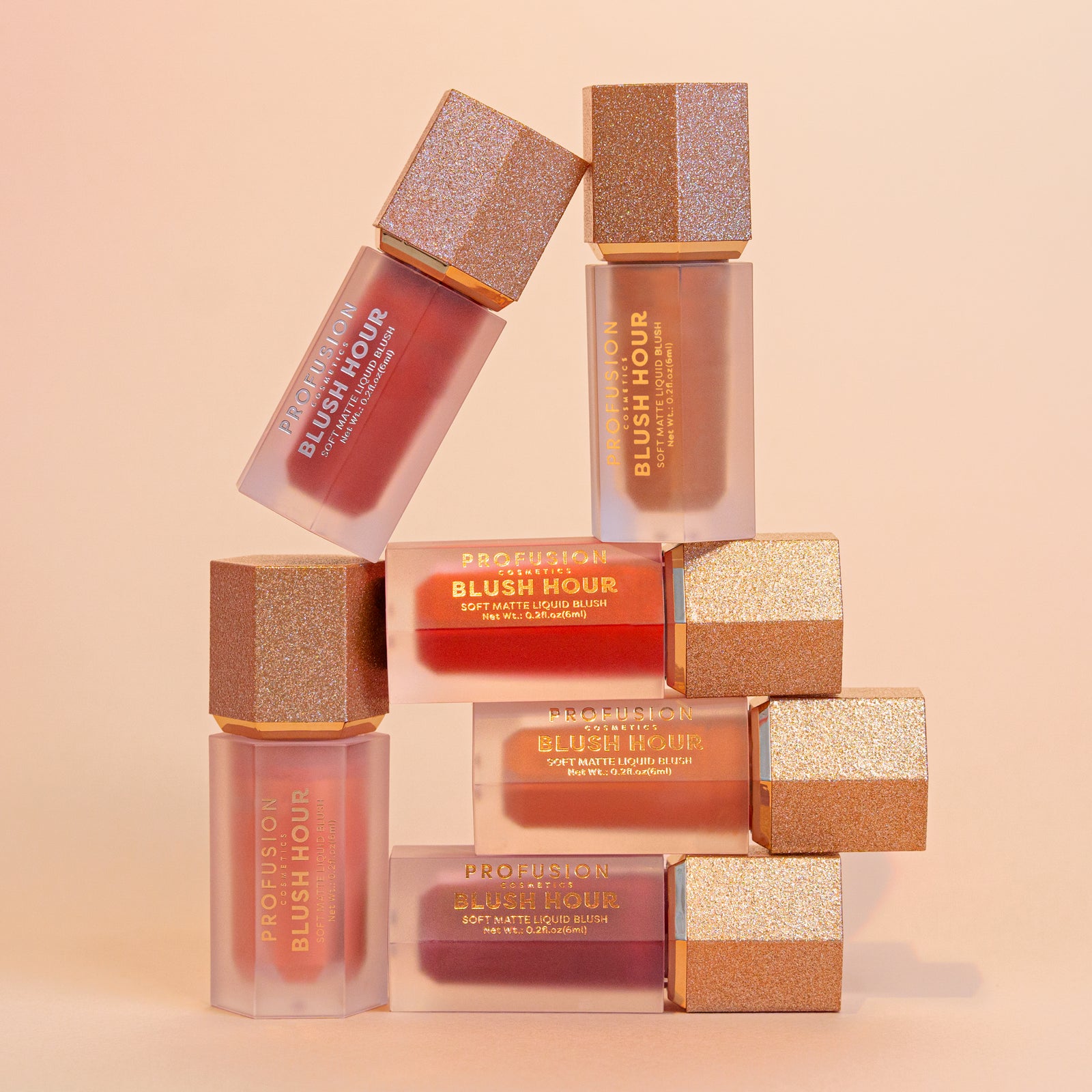 Profusion Cosmetics' "Blush Hour" collection soft matte liquid blushes in warm, vibrant shades with glittery caps.