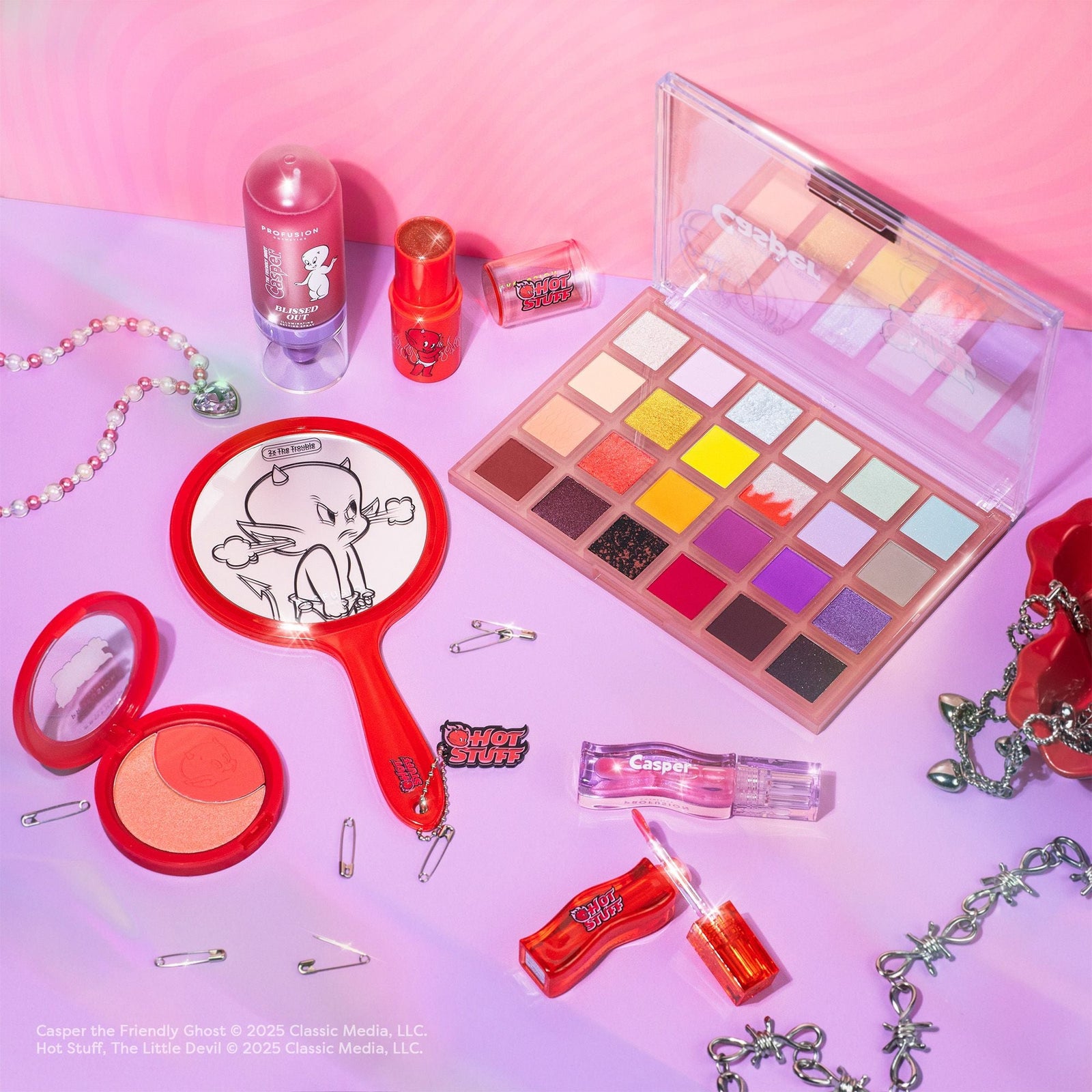 Profusion Cosmetics Casper x Hot Stuff collection featuring a colorful eyeshadow palette, red blush, lip glosses, and a themed hand mirror.