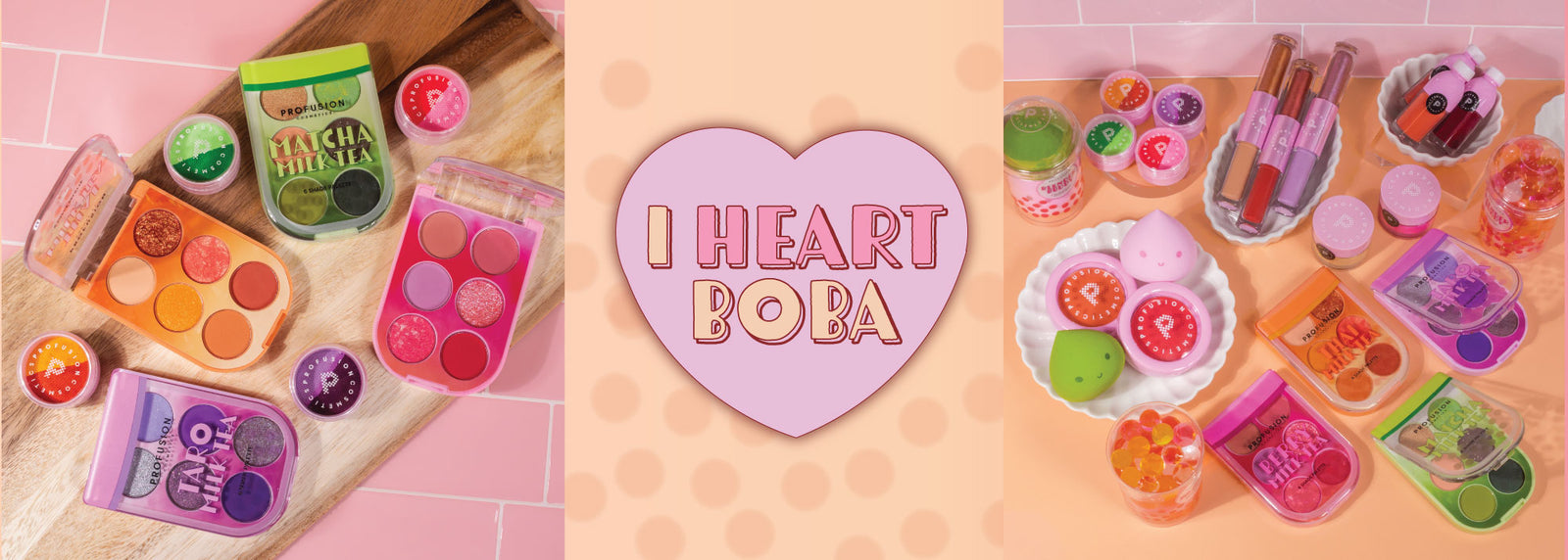 Colorful Profusion Cosmetics makeup products with a "I Heart Boba" theme, featuring eyeshadows, lip glosses, and blushes in vibrant packaging.