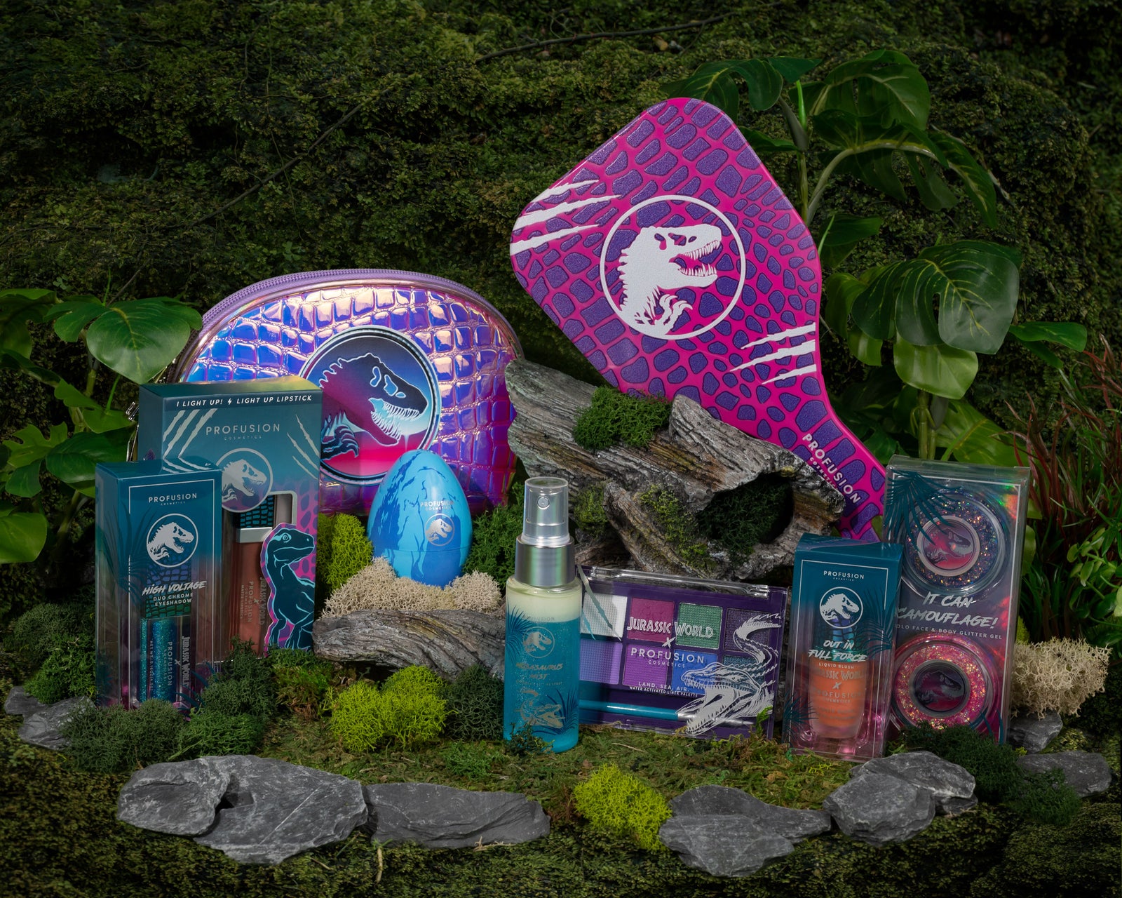 Products from the Jurassic Word x Profusion Collection displayed in front of a jungle background.