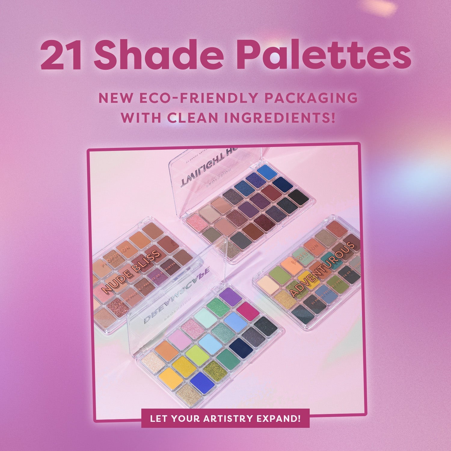 21 shade eyeshaddow palettes from Profusion Cosmetics featuring collections like "Nude Bliss," "Adventurous," and "Spectrum" in eco-friendly packaging.
