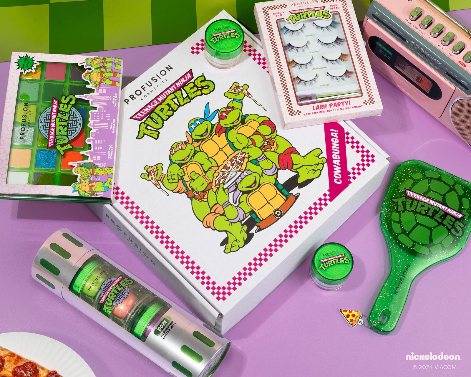 Profusion Cosmetics Teenage Mutant Ninja Turtles collection featuring vibrant eyeshadow palettes, colorful lip glosses, and themed false lashes, all inspired by the iconic characters.