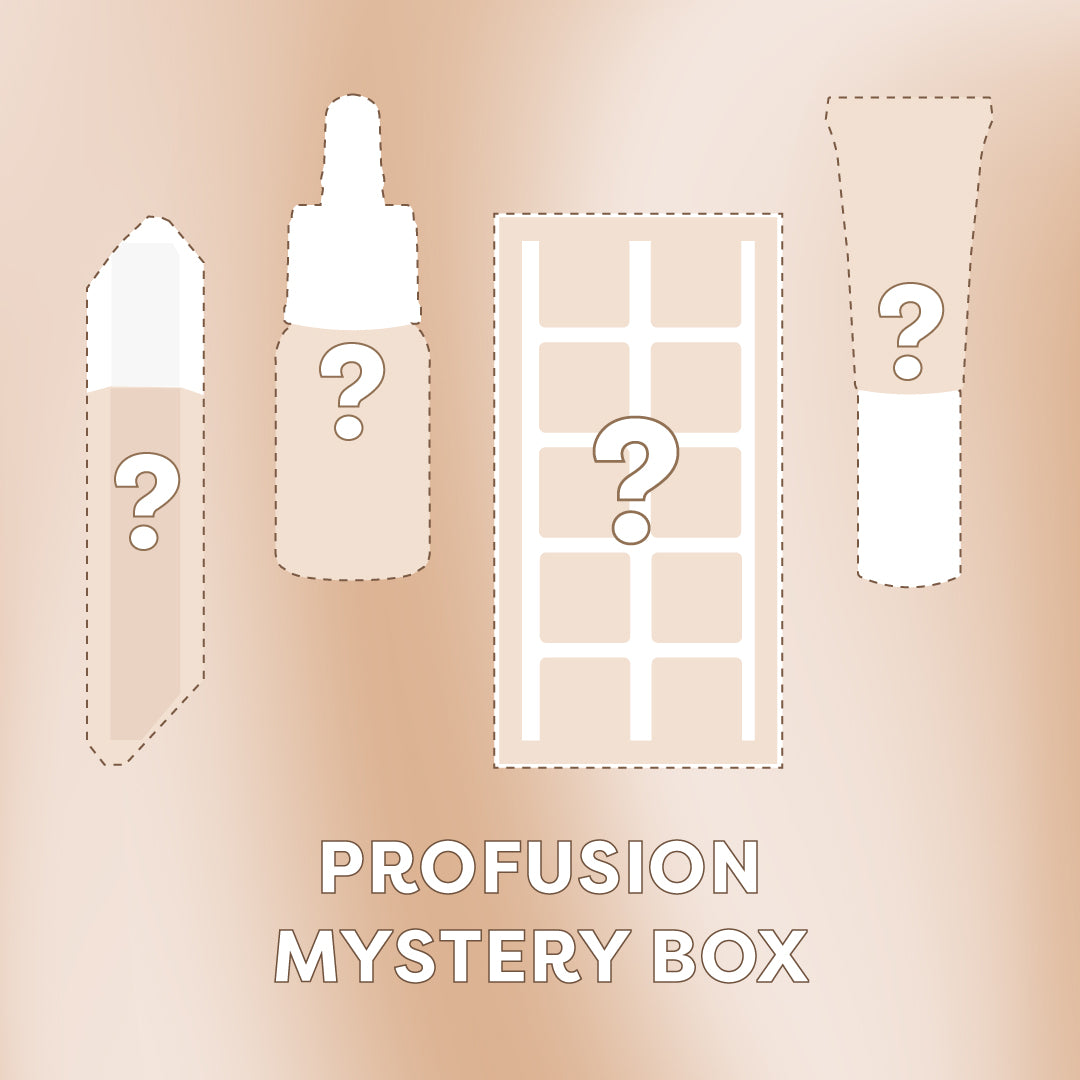 Four professional makeup products with a question mark on it and the text "Profusion Mystery Box"