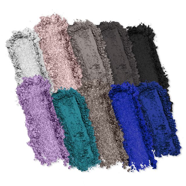 Crushed eyeshadow powders from the Euphoria collection in various shades (light silver, rose gold, taupe, charcoal, black, lavender, teal, brown, cobalt, and navy) arranged in overlapping swatches on a white background.