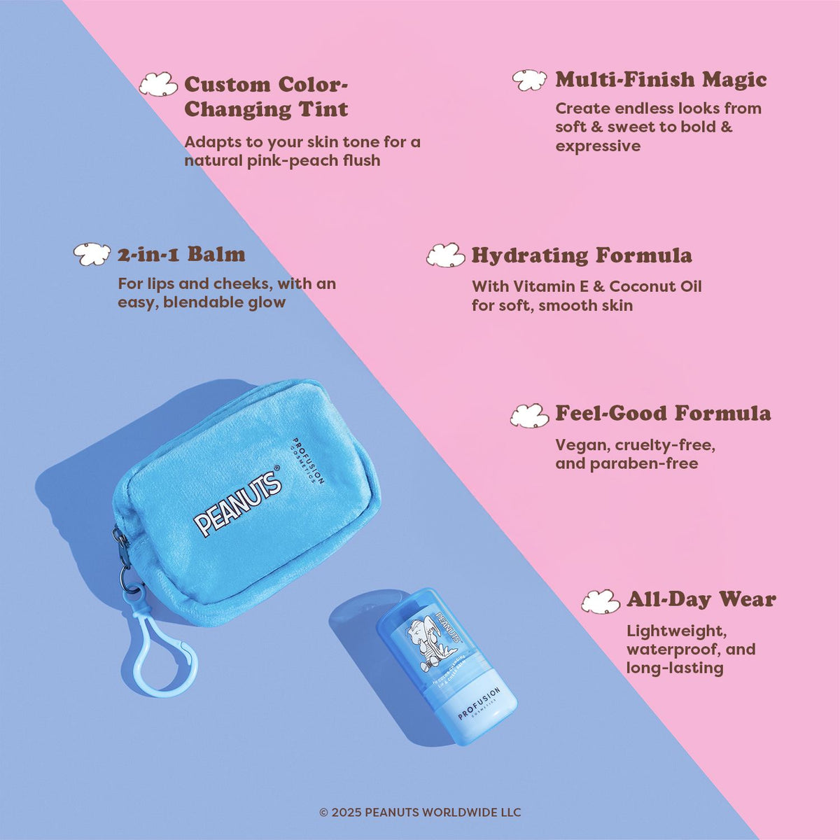Peanuts 75th Linus’s Cozy Tint PH Color Changing Balm & Security Blanket Pouch Infographic